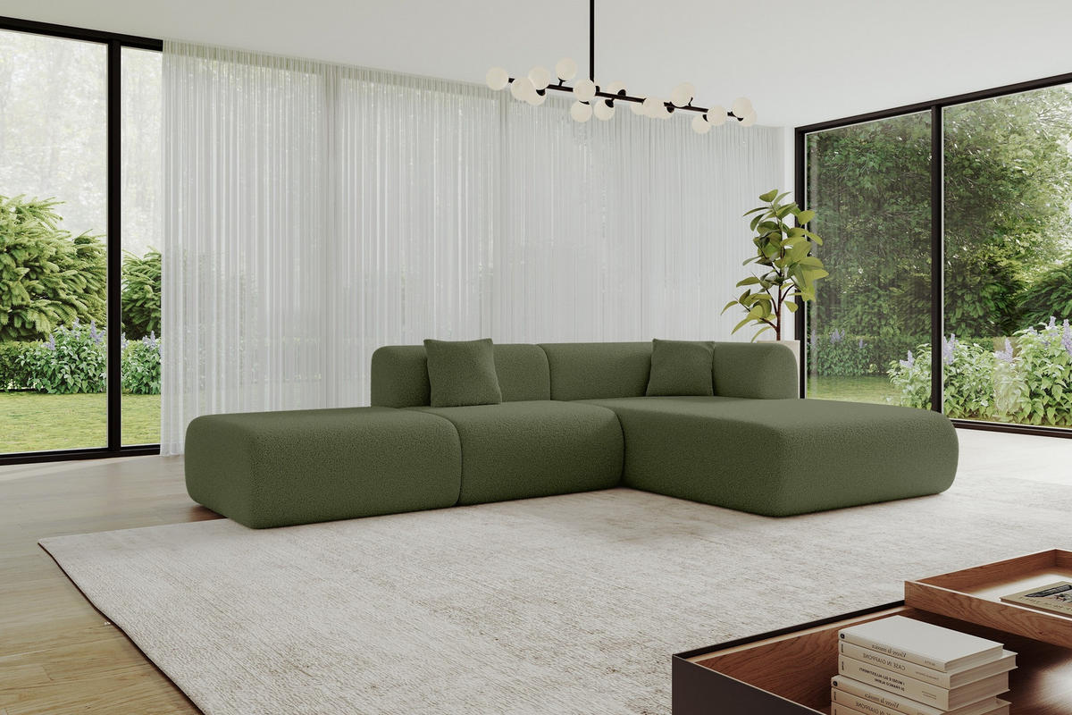 ECKSOFA Ottomane Rechts OVLY-L 289x176x71 Grün Bouclé - Schwarz/Grün, Holzwerkstoff/Kunststoff (289/176cm) - ALTDECOR
