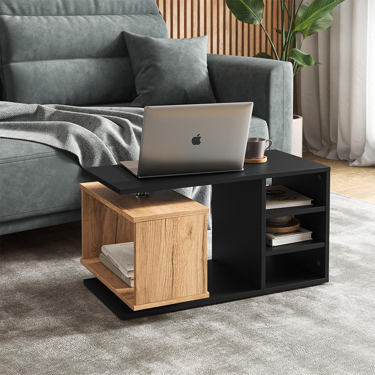 COUCHTISCH Rafi Schwarz 88 x 35 cm - Eichefarben/Schwarz, Holzwerkstoff (35/88/40cm) - Vicco