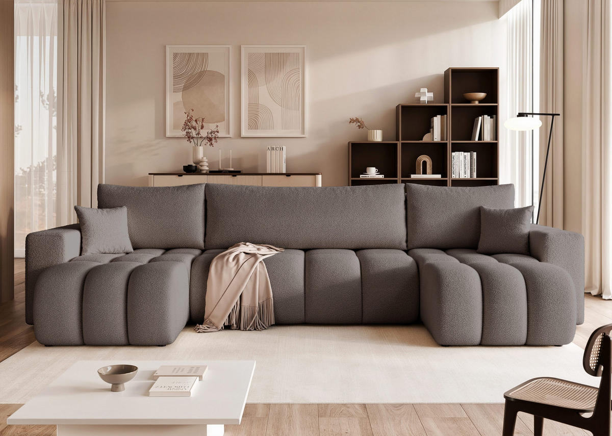 WOHNLANDSCHAFT OFI mit Schlaffunktion und Bettkasten Dunkelgrau - Dunkelgrau, Holzwerkstoff/Kunststoff (318/79/145cm) - Idohome