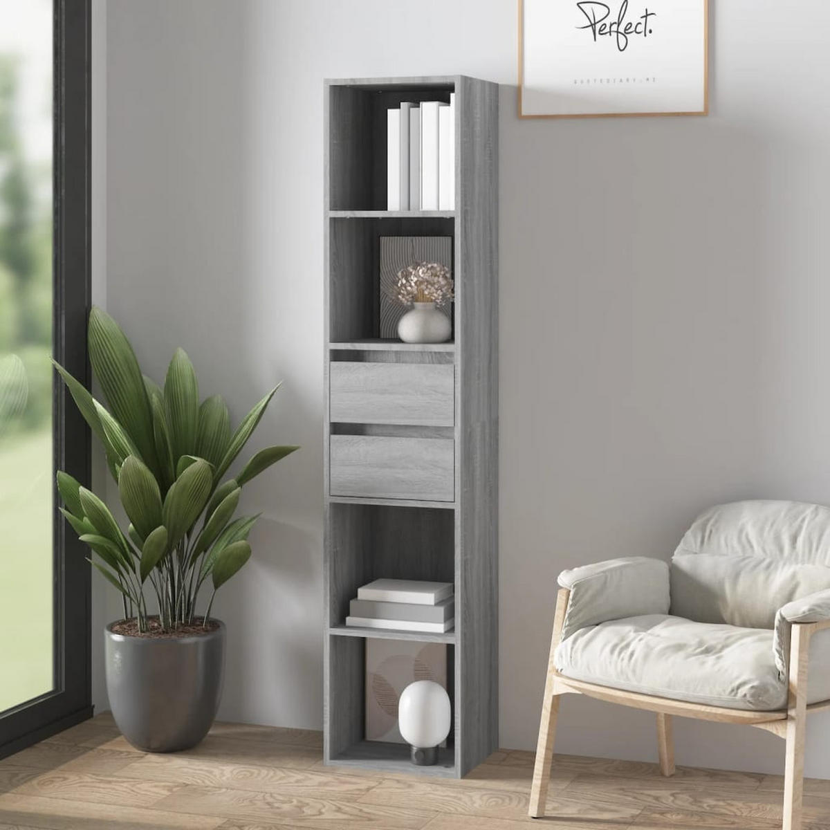 BÜCHERREGAL mit 4 Fächern, 2 Schubladen 36/30/171 cm aus Holzwerkstoff Grau Sonoma Dekor - Grau, Holz (36/171/30cm) - vidaXL