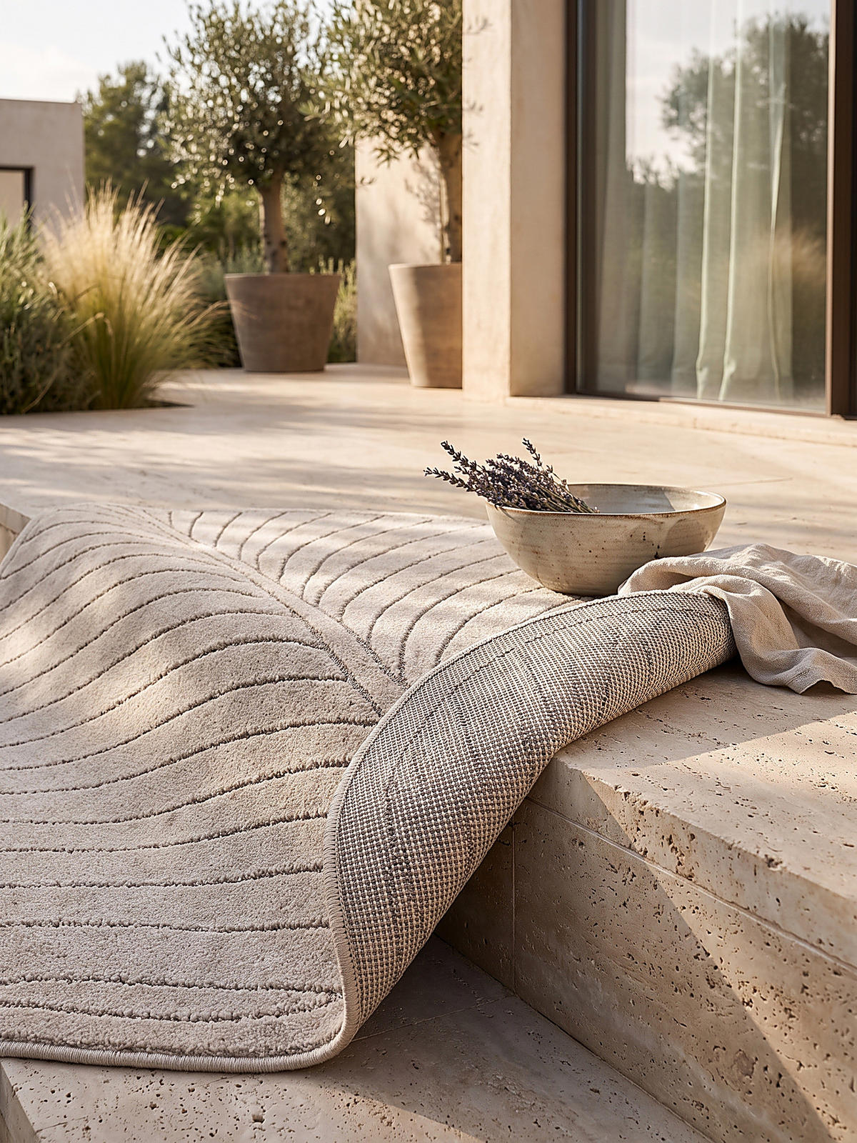 TEPPICH Outdoor, Fußbodenheizung-geeignet, mit Blattmotiv, aus Polypropylen, ENGADIN in Beige, Ø 120 cm - Beige, Textil (120/120cm) - KADIMA DESIGN