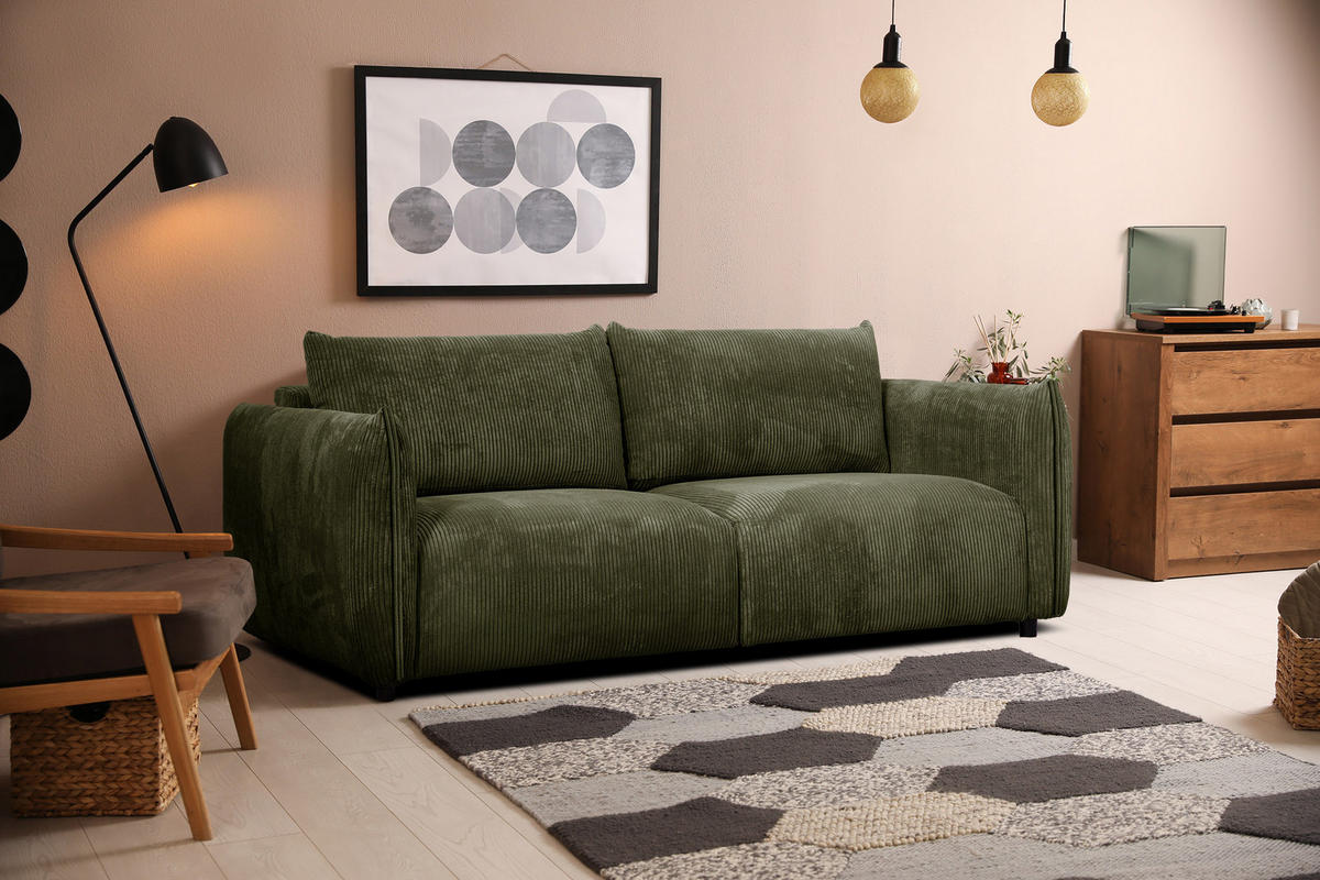 SOFA TAUER 3-Sitzer, olivgrün - Schwarz/Olivgrün, Holzwerkstoff/Kunststoff (112/84/206cm) - Courtois Laville