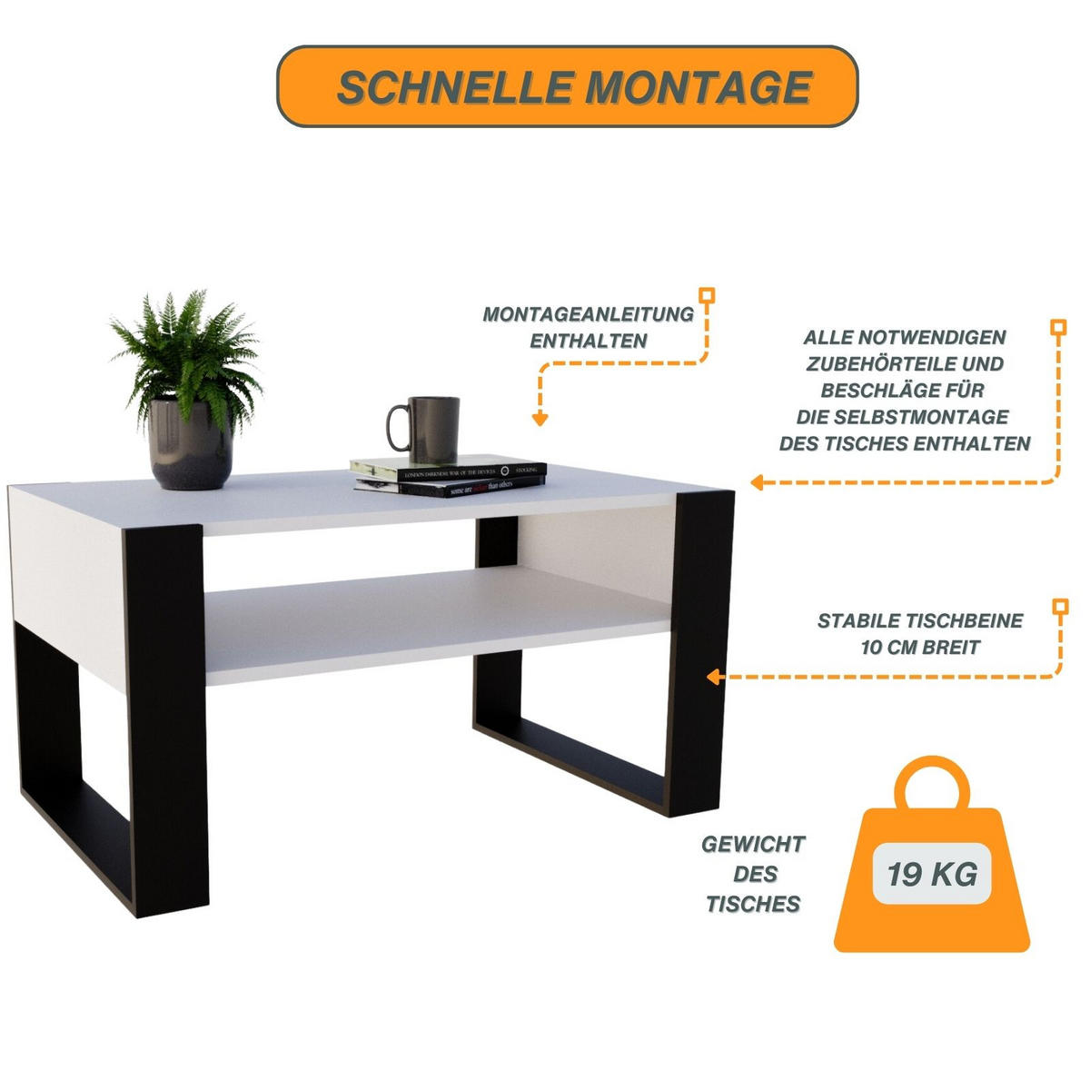 COUCHTISCH Karo92 92/45/53,6 - Schwarz/Weiß, Holzwerkstoff (54/92/45cm) - RAUMHIRSCH FURNITURE