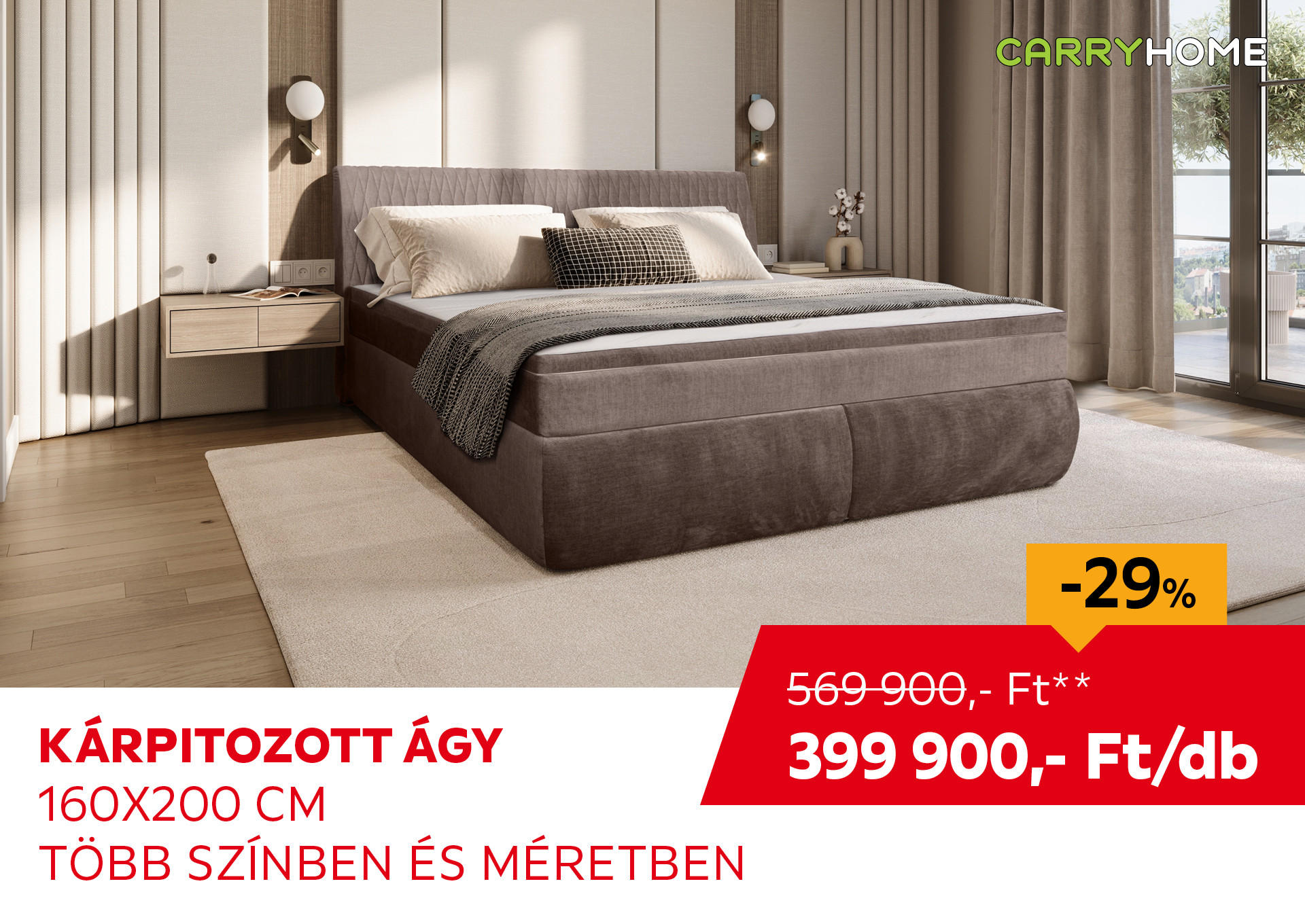 KÁRPITOZOTT ÁGY 160x200 cm ágyneműtartóval Kiemelt termék 569900 Ft.- helyett 399900 Ft.-