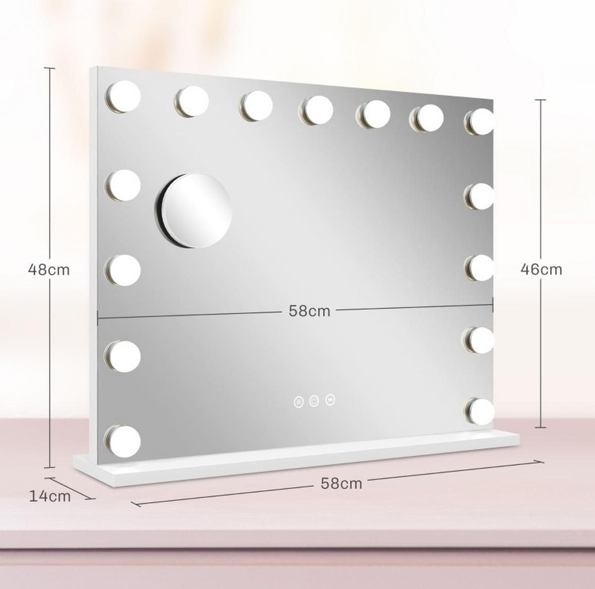 WANDSPIEGEL 58/14/48 cm weiß aus Metall mit LED-Beleuchtung und USB - Weiß, Metall (14/48/58cm) - OKWISH