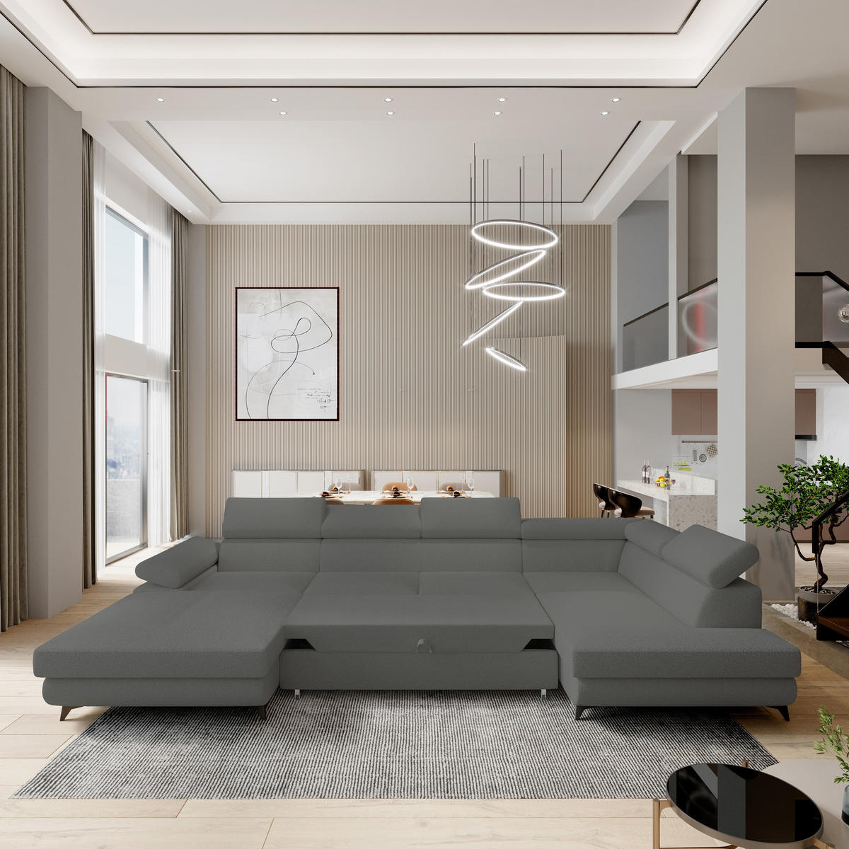 WOHNLANDSCHAFT RUBANO R-S Grau Boucle-Stoff mit Schlaffunktion - Grau, Holz (339/89/190cm) - MASSENO