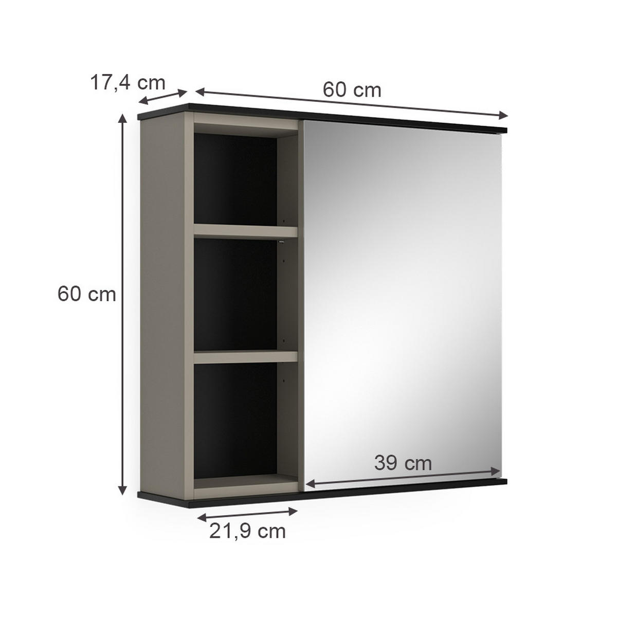 BADSPIEGELSCHRANK Joli Greige 60 x 60 cm mit Spiegel - Greige/Schwarz, Holzwerkstoff (60/60/17.4cm) - Vicco