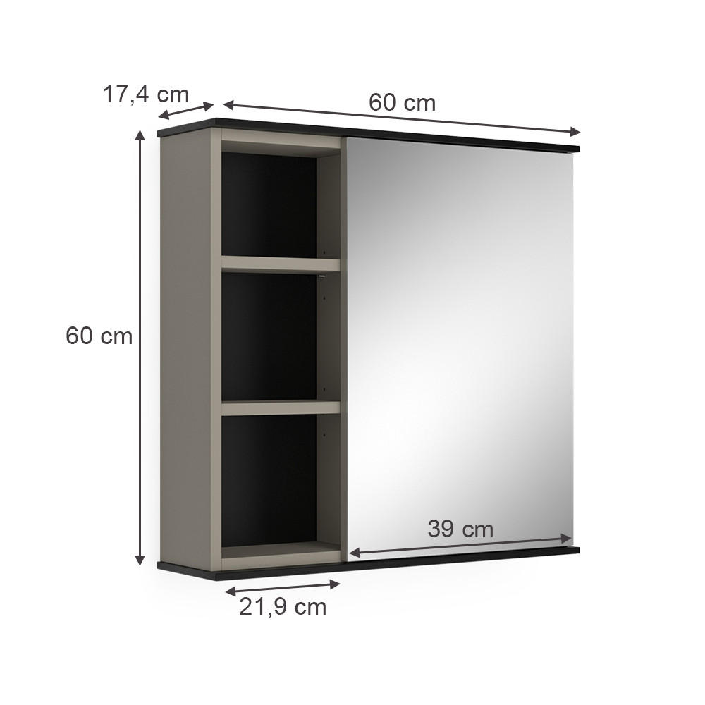 Thumbnail - Vicco Badspiegelschrank, Greige, Schwarz, Holzwerkstoff, 6 Fächer, Rechteckig, 60x60x17.4 cm, Badezimmer, Badezimmerspie...