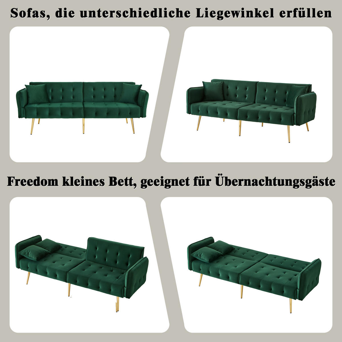 2-SITZER Schlafsofa Samt mit verstellbarer Rückenlehne und Armlehnen Grün 178/82/70 cm - Grün, Textil (82/70/178cm) - Redom