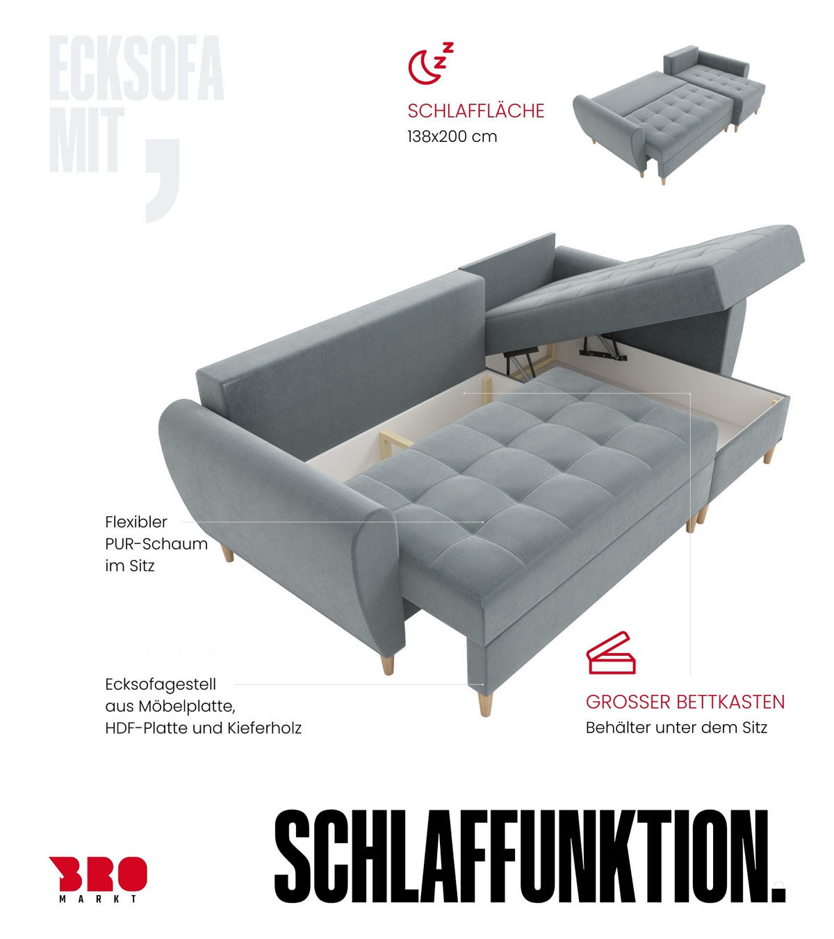 ECKSOFA Henry mit Schlaffunktion Grün Samtstoff - Grün, Textil (232/141cm) - Bromarkt