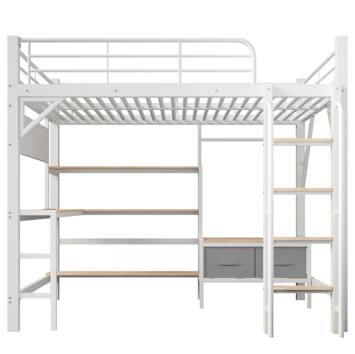 HOCHBETT aus Metall und MDF 140x200 cm Weiß mit Schreibtisch, LED-Leiste, USB und Stauraum - Weiß, Holzwerkstoff (140/200cm) - Modfu