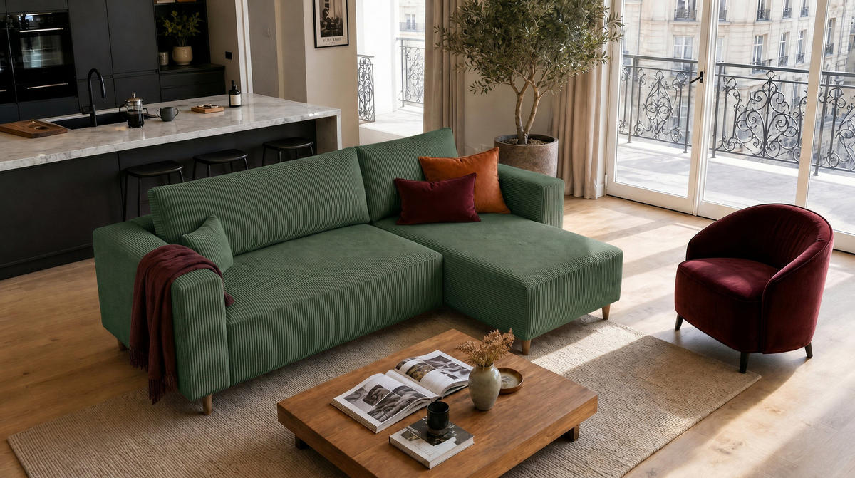 ECKSOFA mit Schlaffunktion und Bettkasten Rio, Ecksofa Cordstoff Grün, Ottomane Universal, 249x142 cm - Grün, Textil (249/142cm) - Marpur