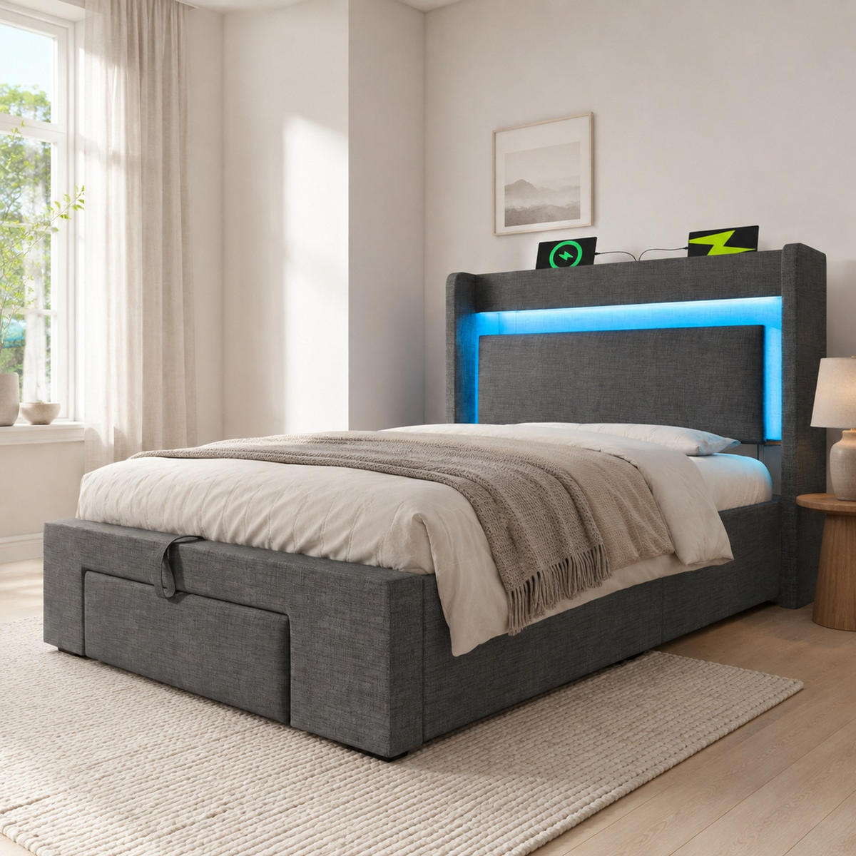 POLSTERBETT 90/200 mit Bettkasten, LED und USB in Grau - Grau, Holzwerkstoff/Textil (90/200cm) - EVRYAE