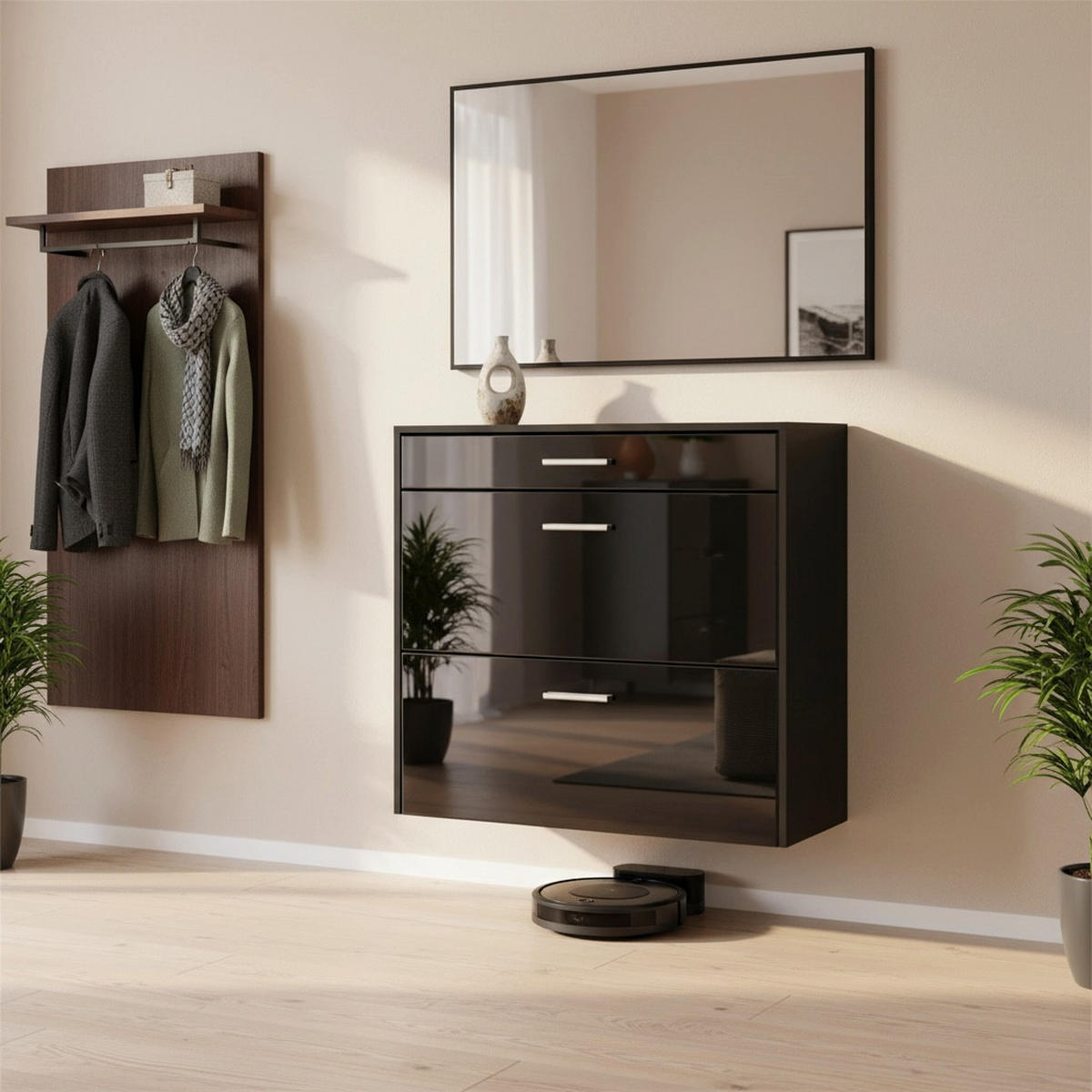 HÄNGENDER-SCHUHSCHRANK Roma Air Schmal mit 2 Klappen und 1 Schublade, Platzsparender Schuhkipper, Schwarz/Schwarz Hochglanz (89 x 87 x 23 cm) - Schwarz Hochglanz, Holzwerkstoff (89/87/23cm) - InnoFurn