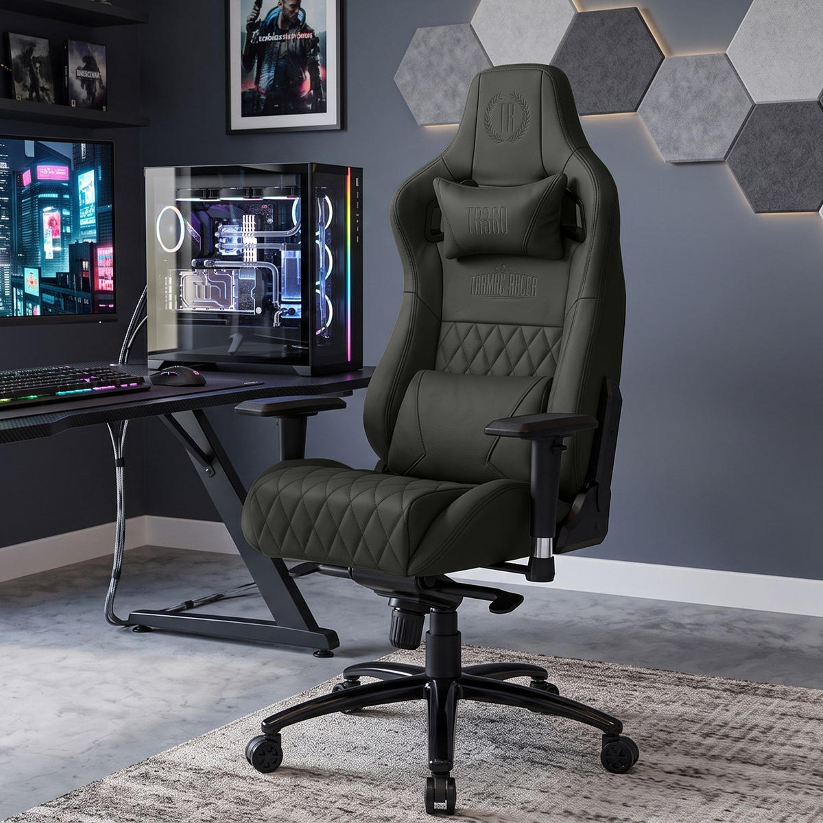GAMINGSTUHL Echtleder grau - Schwarz/Grau, Leder/Metall (70/133/64cm) - CLP