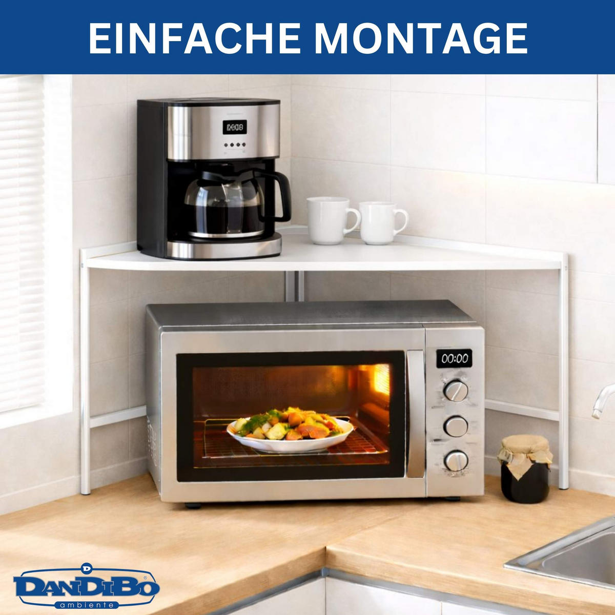 MIKROWELLENREGAL Eckregal Küche Stehend Arbeitsplatte 72x72 cm Weiß 2 Stufig 96689 - Weiß, Metall (72/46/72cm) - DanDiBo