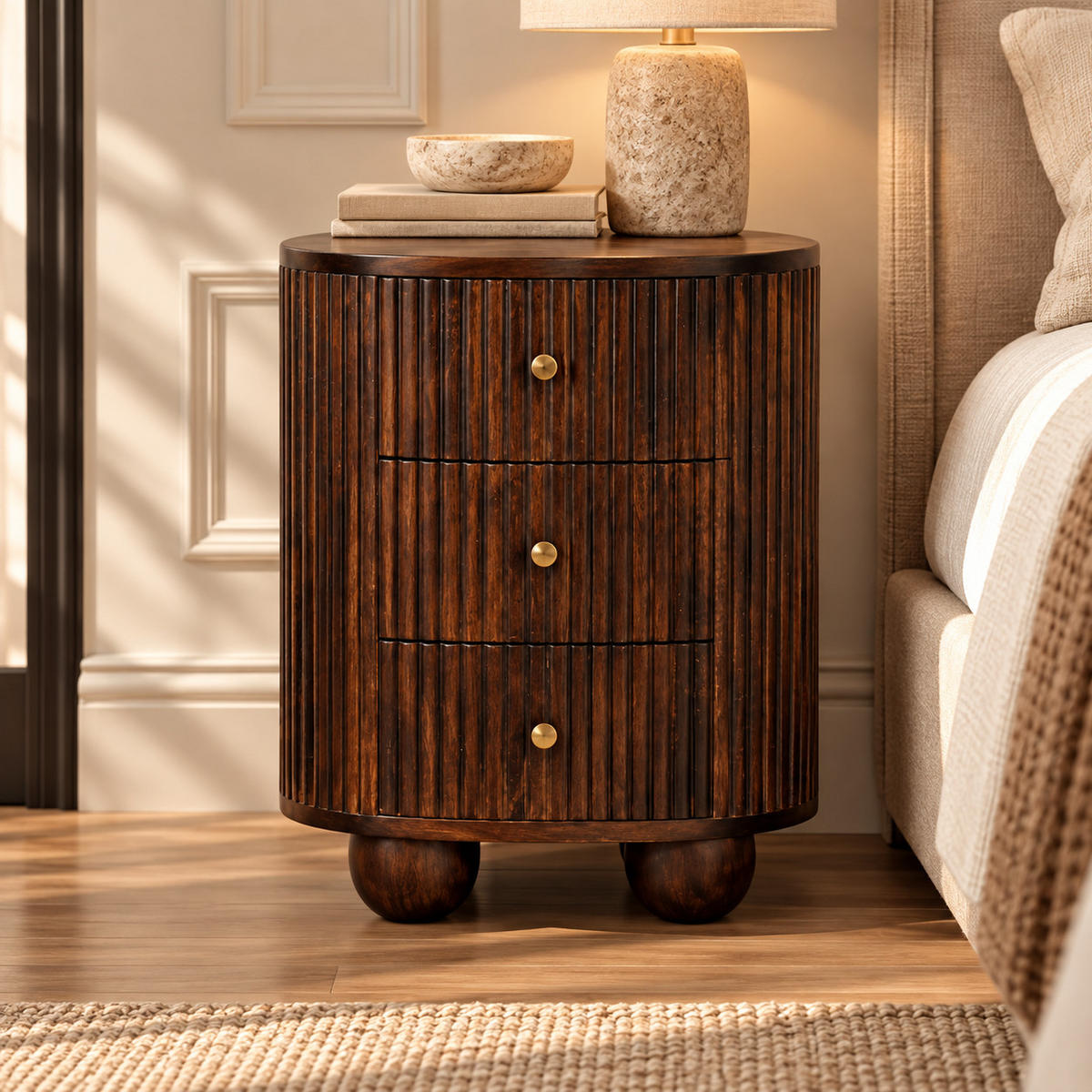 ZAKRIVENÝ drážkovaný nočný stolík, 3 zásuvky, tmavohnedý - tmavohnedá/mosadzná, kov/drevo (45/58/35cm) - Artisan Furniture