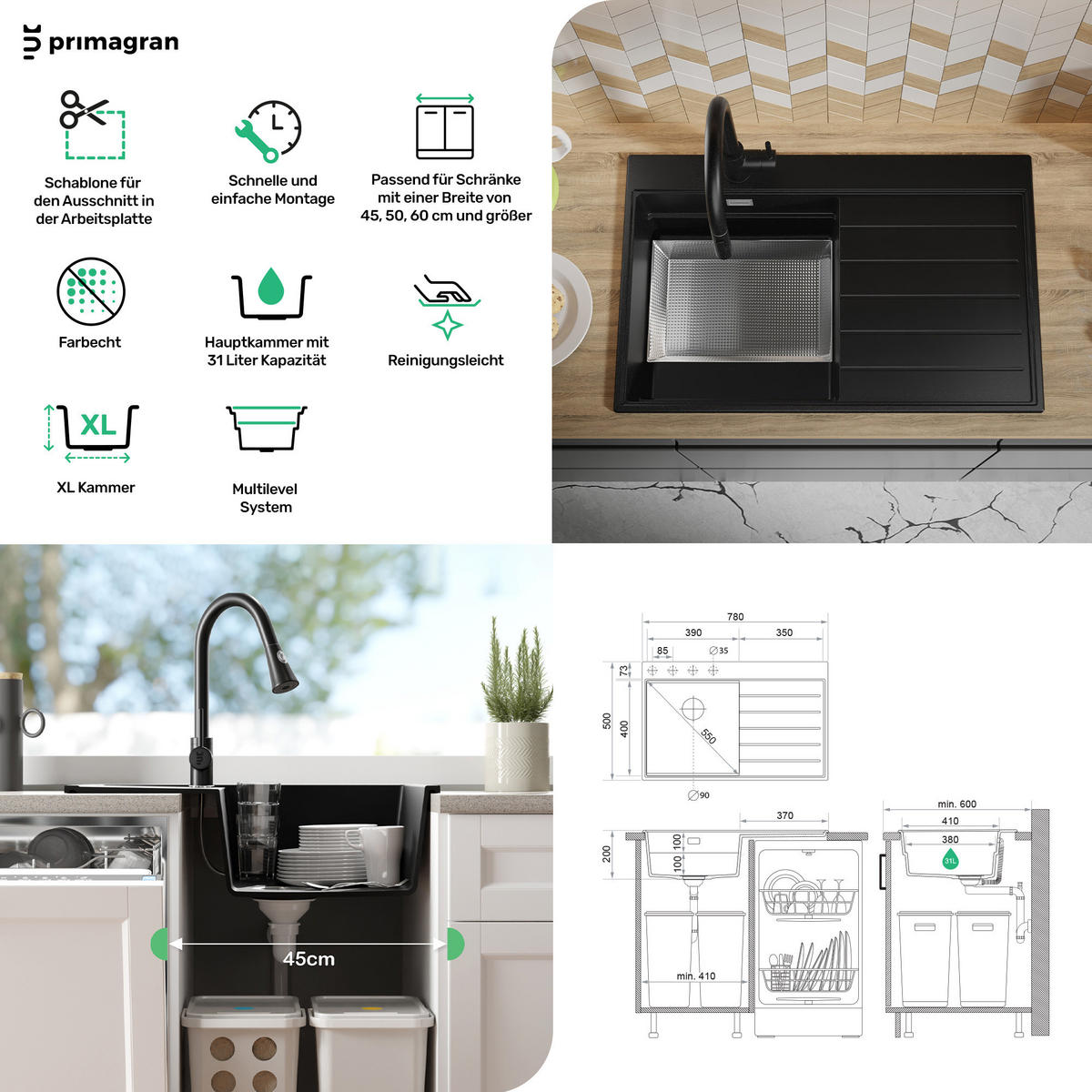 SPÜLBECKEN Sydney, 2-er set Weiß 78/50 cm 1 Becken + Ablauf-Set + Küchenzubehörset ab 45er Unterschrank - Chromfarben/Beige, Kunststoff (78/20/50cm) - Primagran