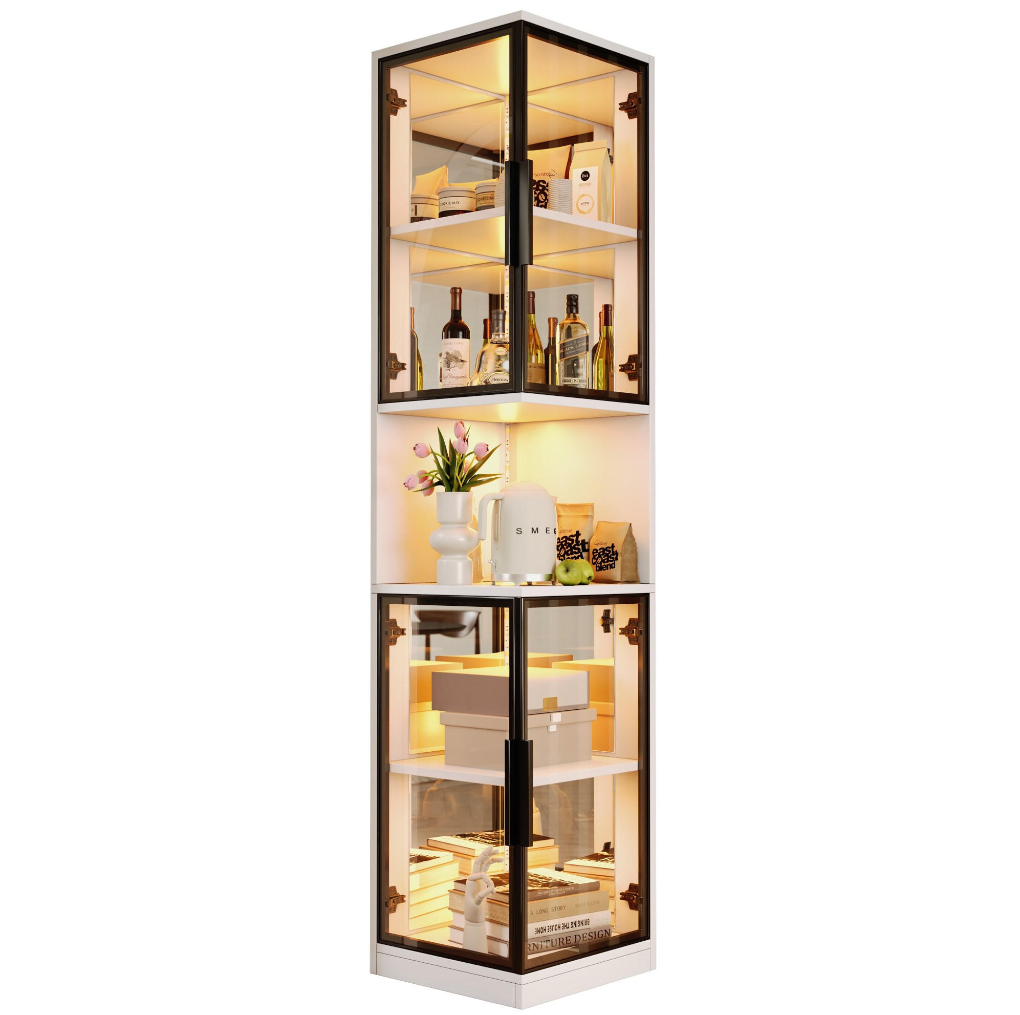 HIGHBOARD 42/44/205 cm in Weiß mit LED-Beleuchtung und Glastüren - Weiß, Holzwerkstoff (42/205/44cm) - Flora Grace