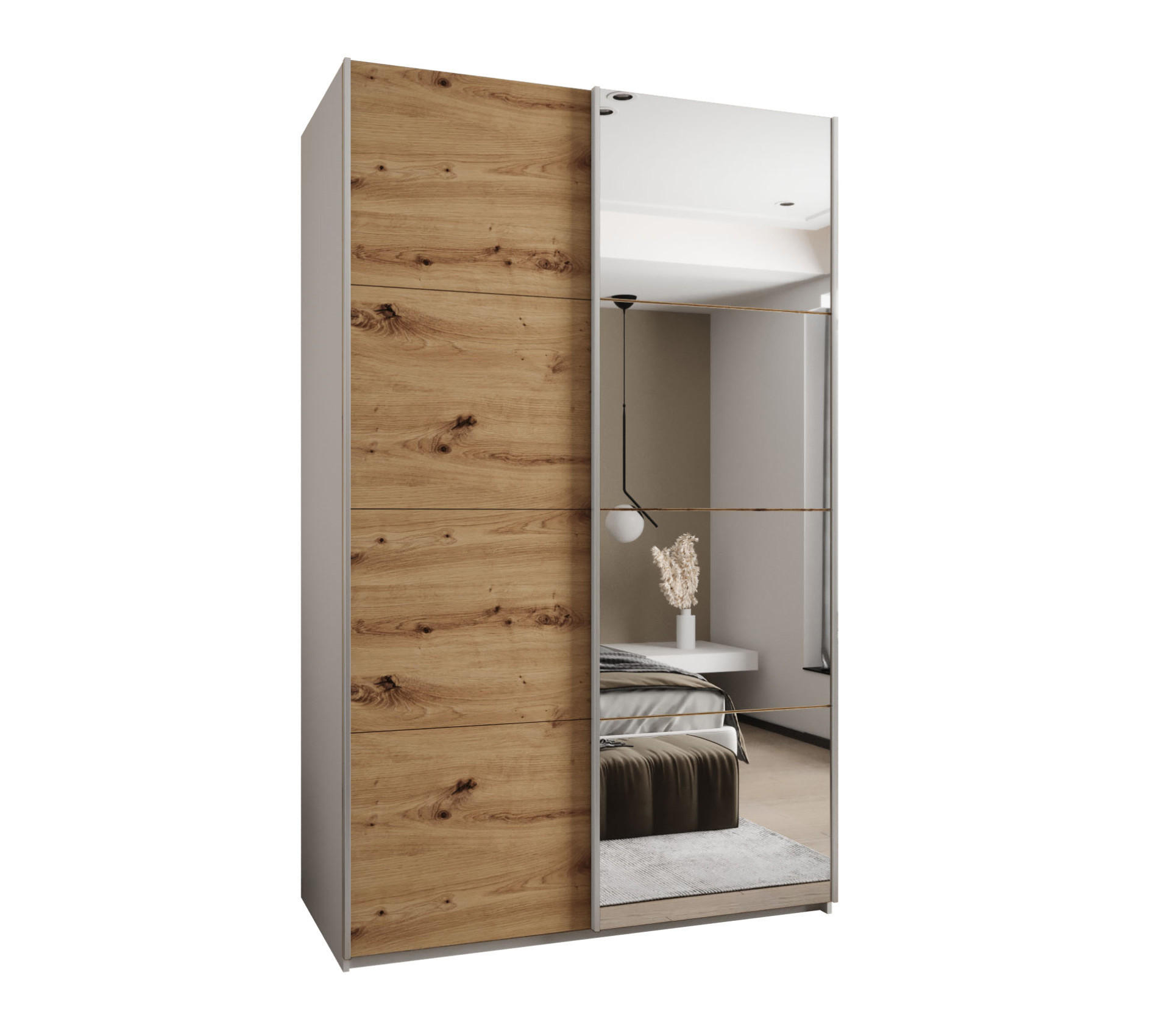 Abiks Möbel Schwebetürenschrank Weiß, Eiche Artisan, Silber 150x245x64 cm