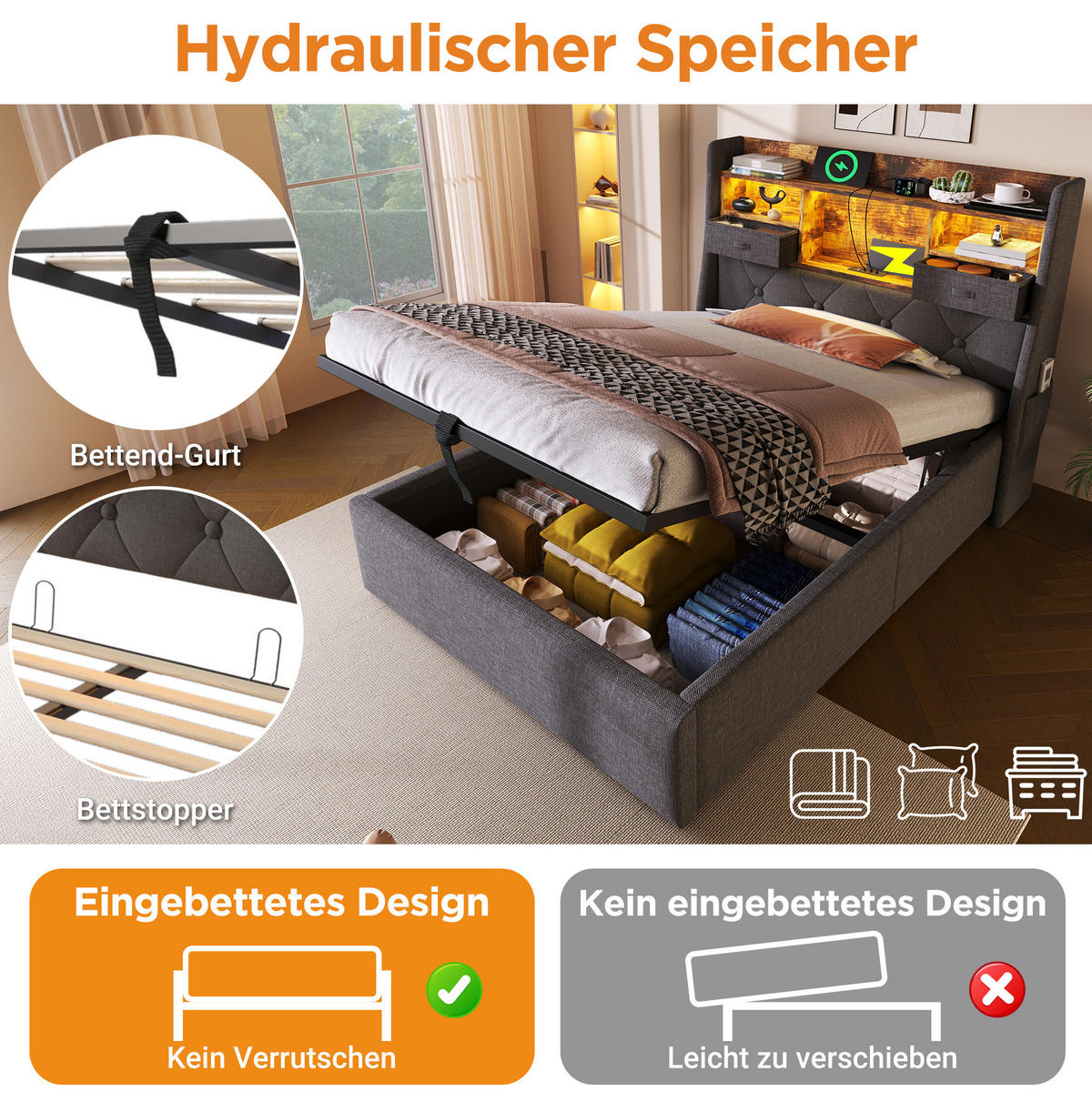 POLSTERBETT 90/200 cm mit LED-Beleuchtung, USB- und Type-C-Anschluss, hydraulischem Stauraum, Leinen, Grau - Grau, Textil (90/200cm) - Redom