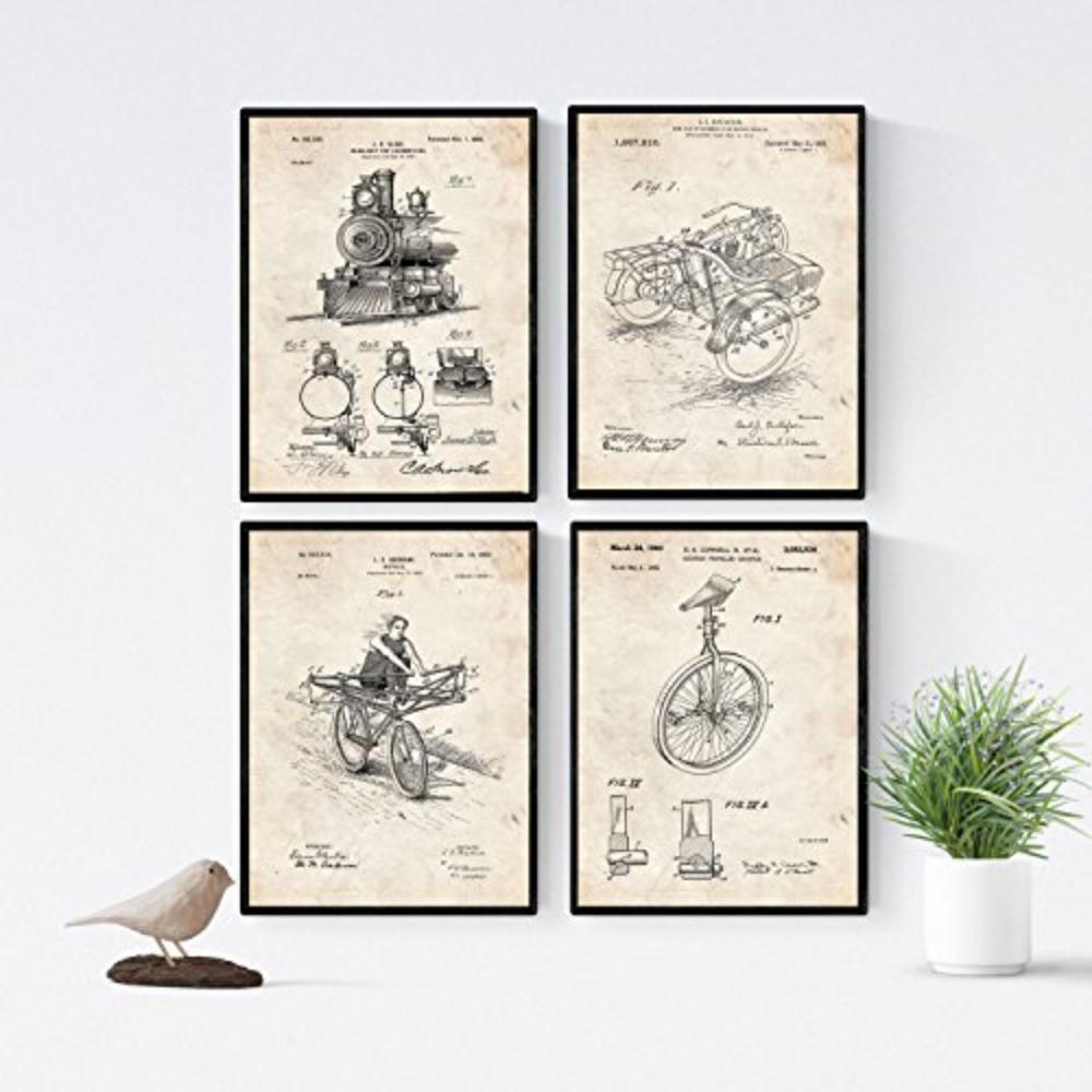 POSTER Set mit 4 Jahrgang Fahrzeug PATENT A4 Schwarzer Rahmen - Schwarz, Papier (29.7/3cm) - Nacnic