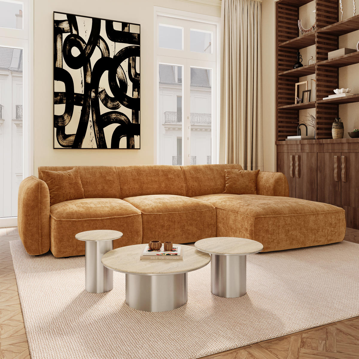ECKSOFA rechtwinklig LOMI Geprägter Samt Karamell 272cm - Braun, Textil (272/90cm) - Premium Interiors