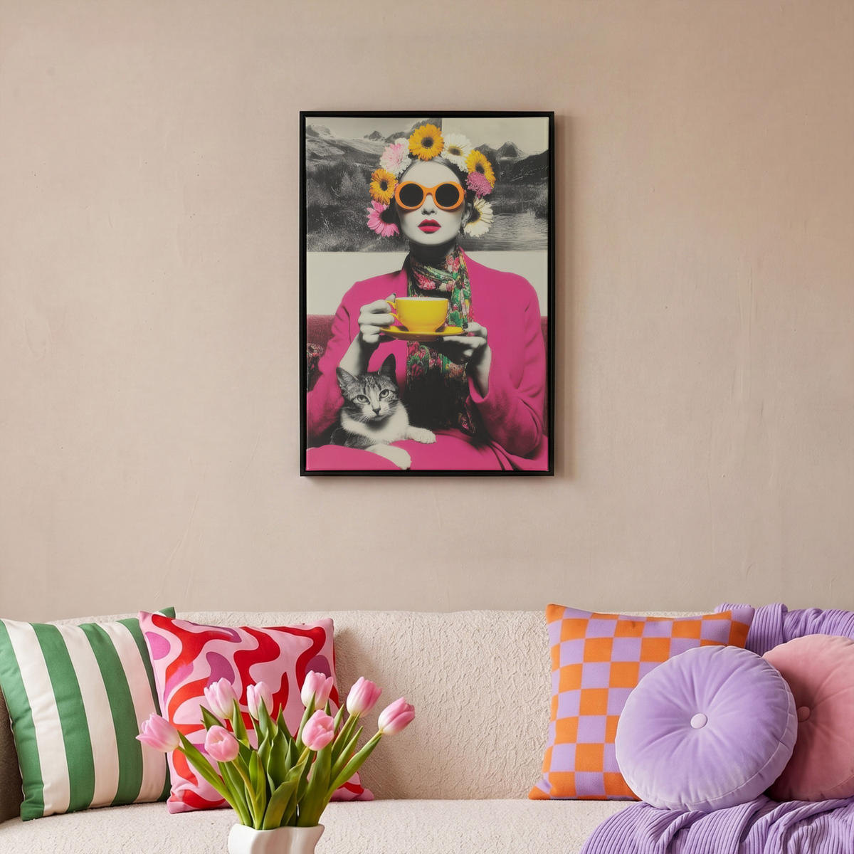 LEINWAND Bilder mit Rahmen - Frau - Katze - Blumen - Tasse - Retro - 40x60 - Magenta, Textil (40/60cm) - MuchoWow