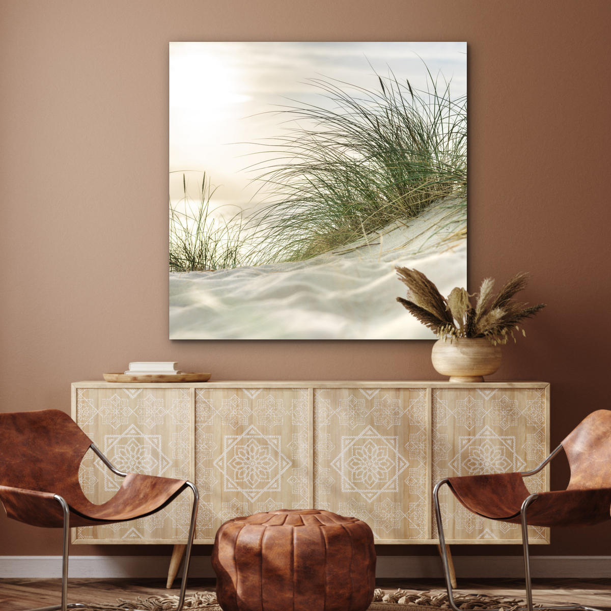 KOVOVÝ OBRAZ Duny s marramovou trávou pod slnkom nemeckého národného parku Schleswig-Holsteinisches Wattenmeer 90x90 cm - krémová, kov (90/90cm) - MuchoWow