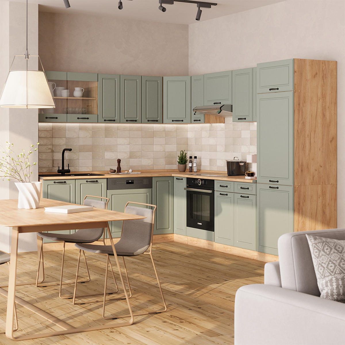 ECKKÜCHE R-Line, Mint Landhaus/Goldkraft Eiche, 287 x 227 cm - Honigeiche/Grün, Holzwerkstoff (287/206.8/60cm) - Vicco