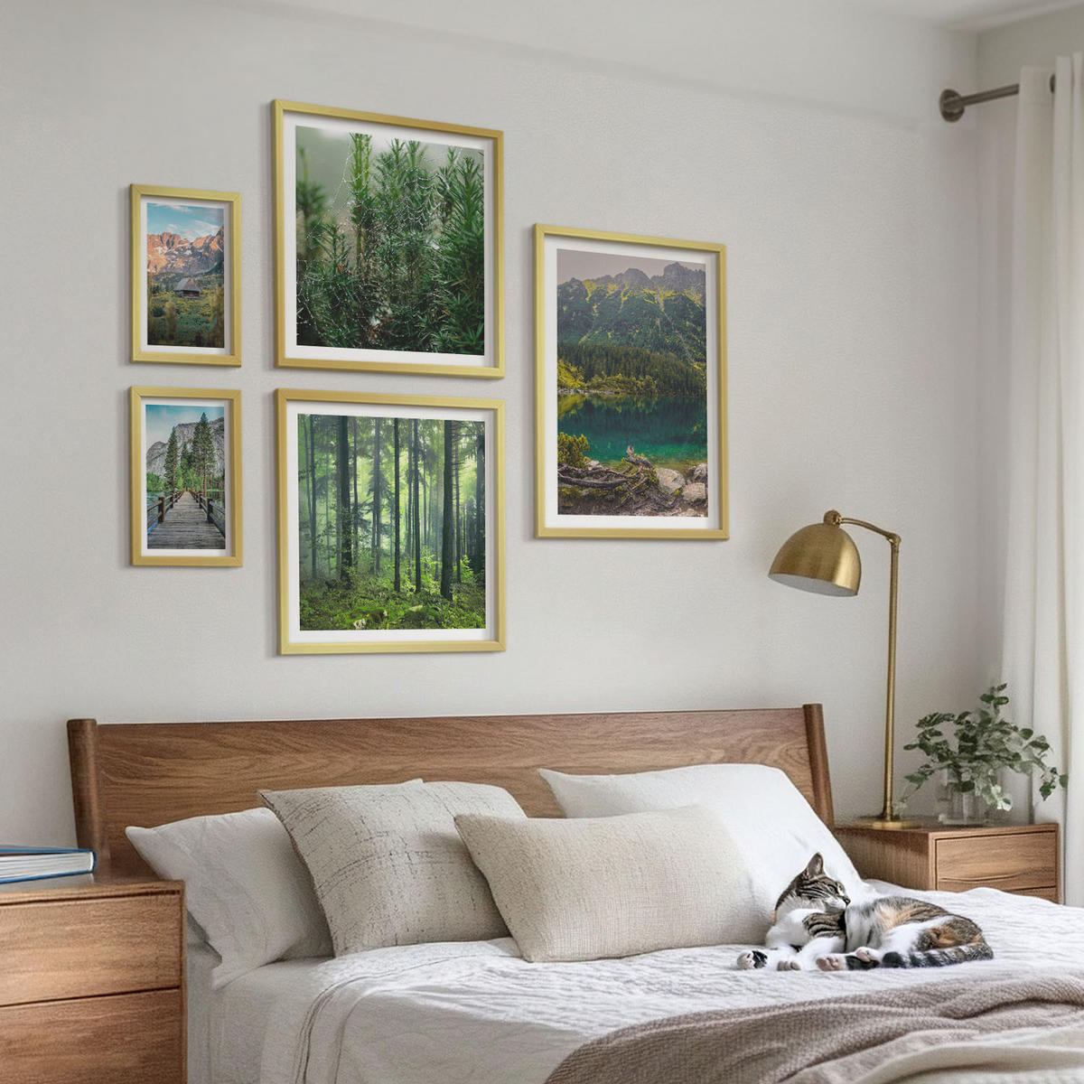 BILDER SET 5er Set - 50x50 cm & 20x30 cm & 40x60 cm Goldrahmen - Minimalistische Pflanzenzeichnungen - Goldfarben, Kunststoff (40/60cm) - TULUP