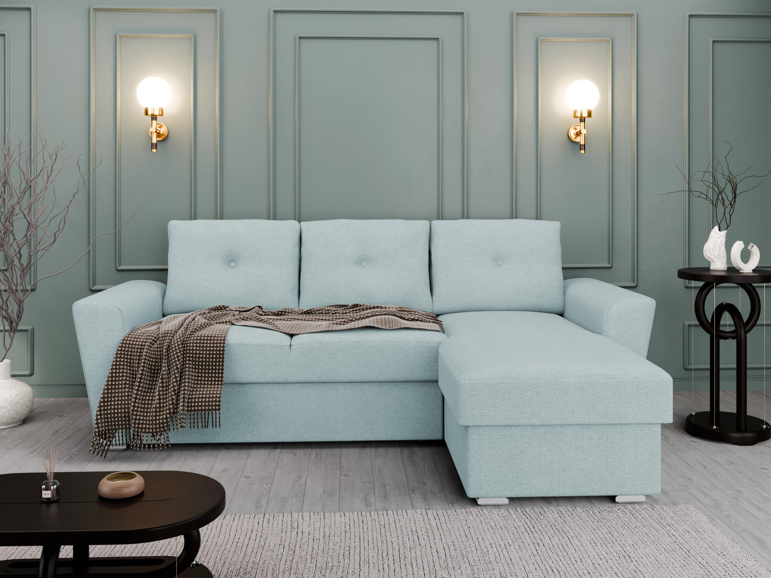 ECKSOFA Bellano Ecksofa L-Form - links oder rechts montierbar, blau - Blau, Holz (243/156cm) - Panda Möbel