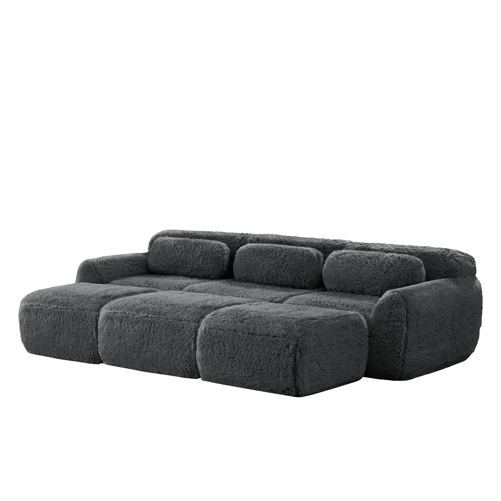 SCHLAFSOFA 3-Sitzer aus Plüschstoff mit 3 Hockern, Grau - Grau, Textil (291/73/179cm)