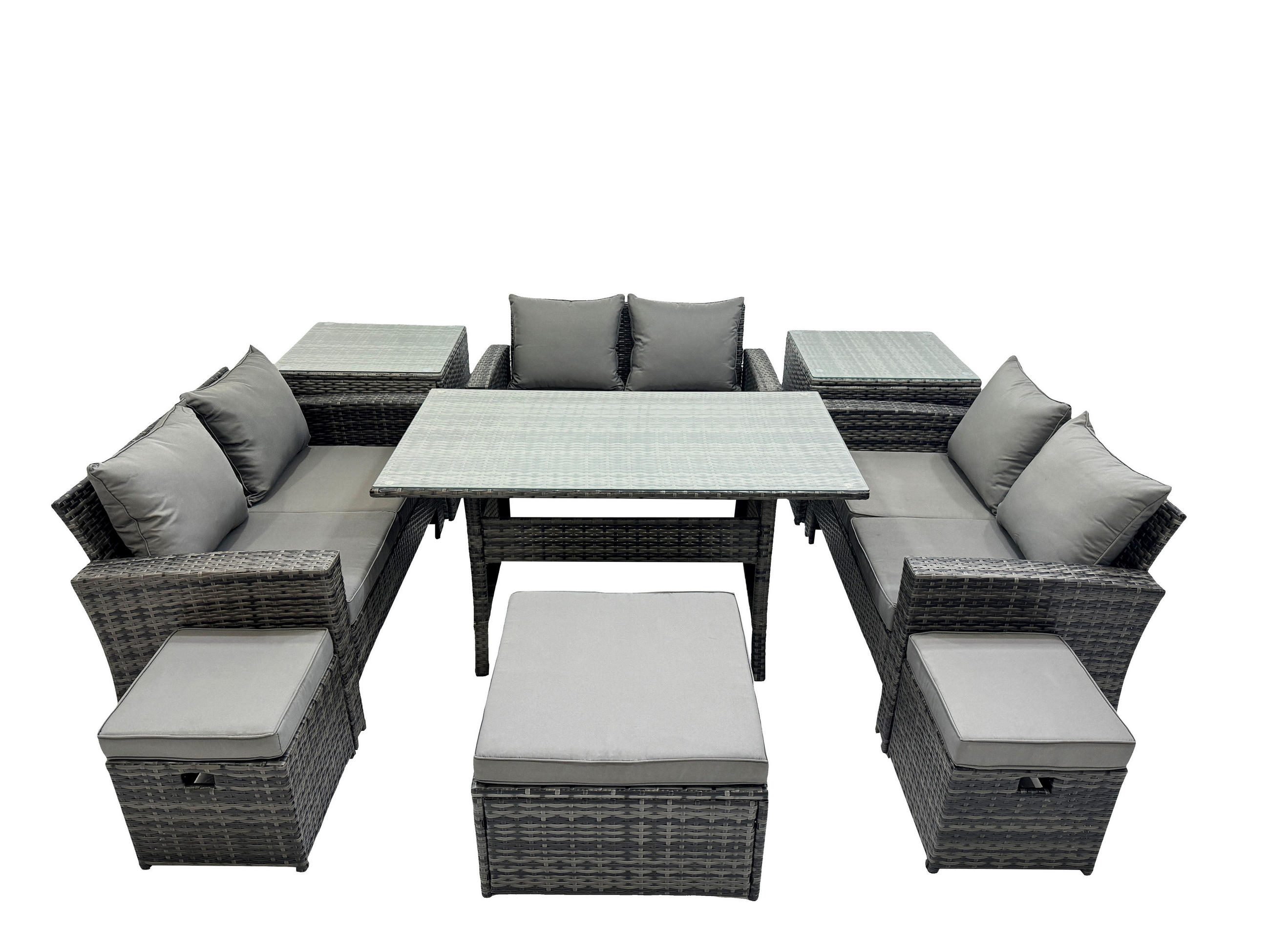 GARTENMÖBELSET mit Zweisitzer,3 Hockern,Esstisch,2 Beistelltischen Polyrattan Dunkelgrau 9-Sitzer - Dunkelgrau/Grau, Glas/Kunststoff - Fimous