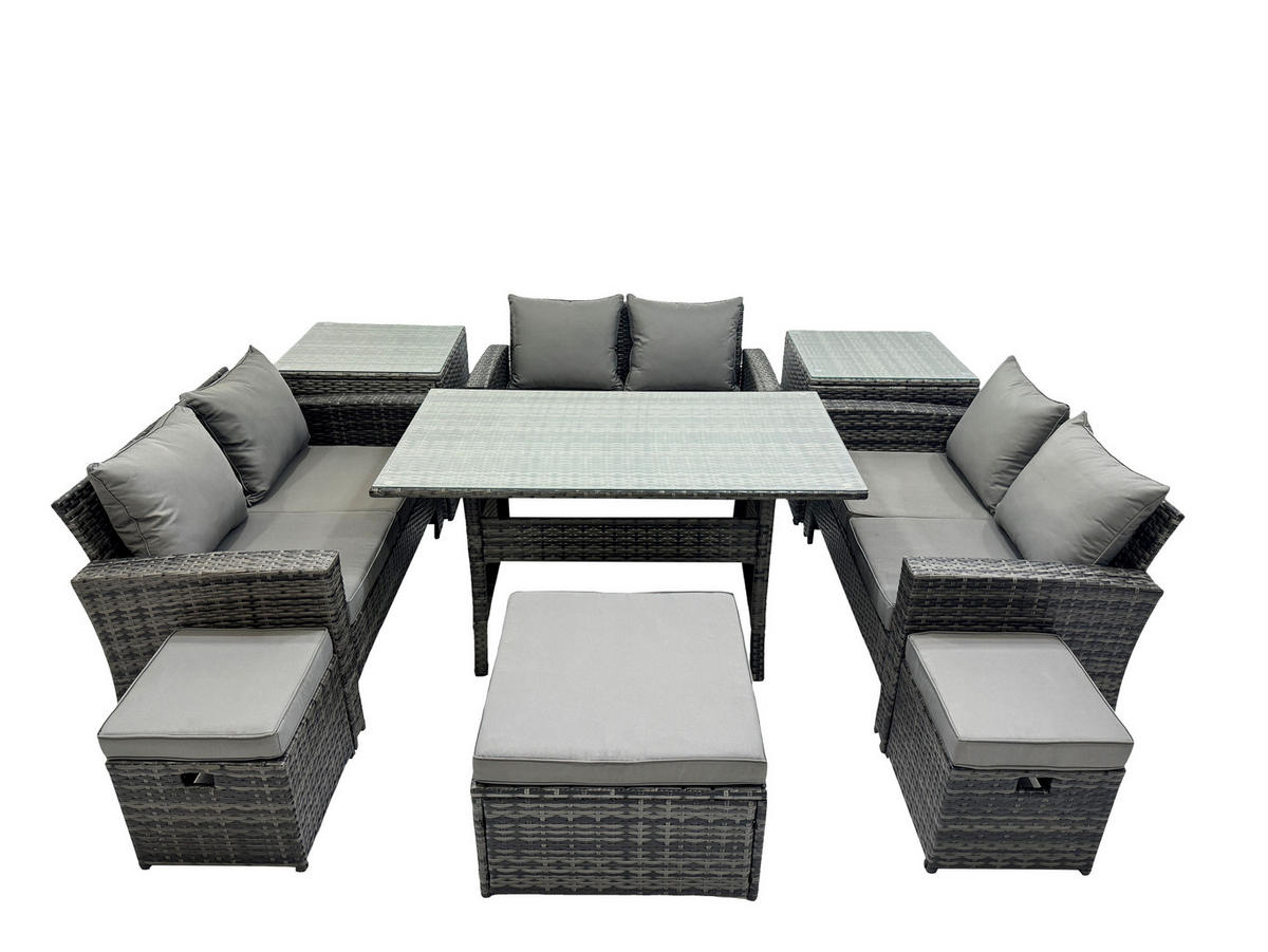 GARTENMÖBELSET mit Zweisitzer,3 Hockern,Esstisch,2 Beistelltischen Polyrattan Dunkelgrau 9-Sitzer - Dunkelgrau/Grau, Glas/Kunststoff - Fimous