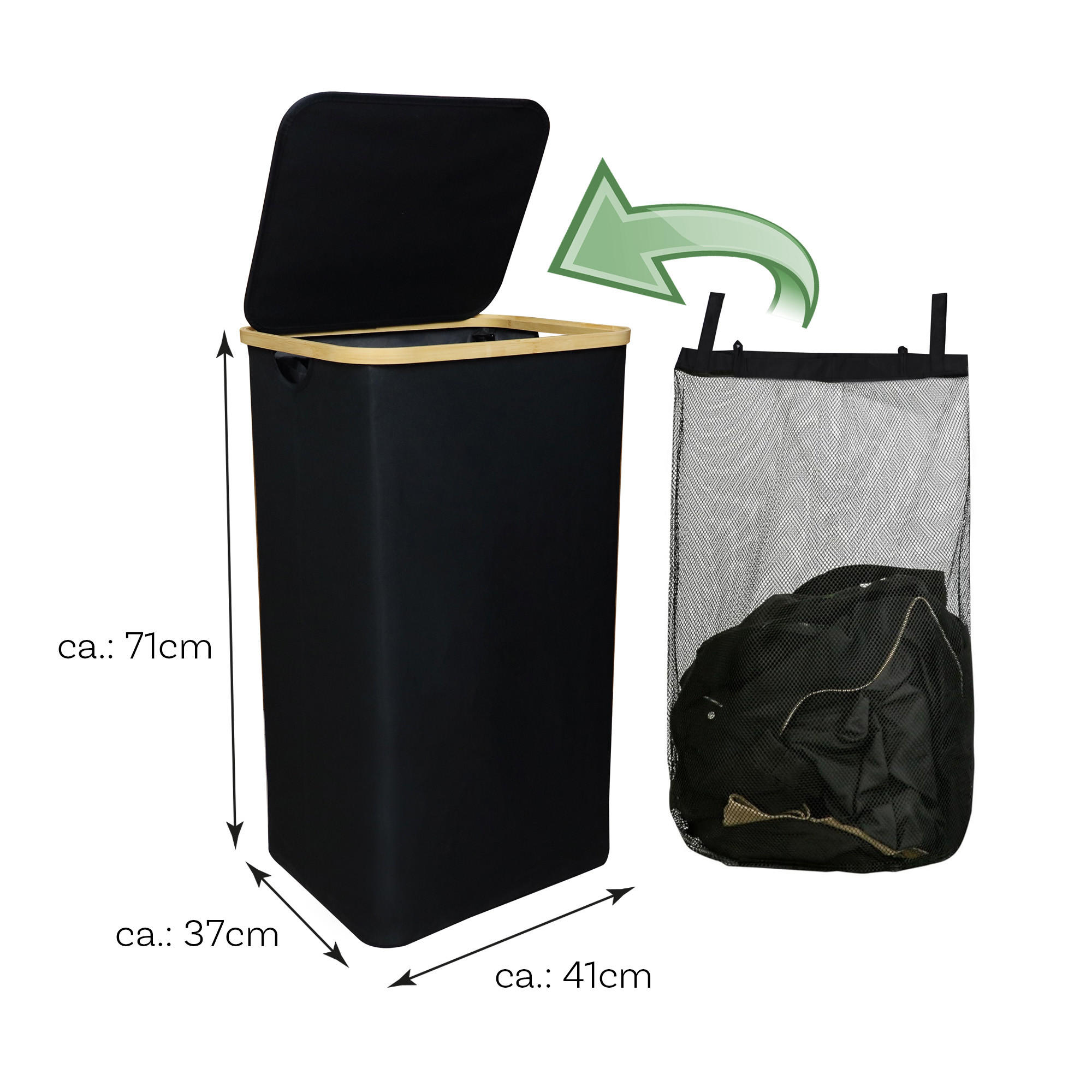 WÄSCHEKORB mit herausnehmbarer Tasche 41x37x71cm - Schwarz - Schwarz, Textil (41/71/34cm) - Bestlivings