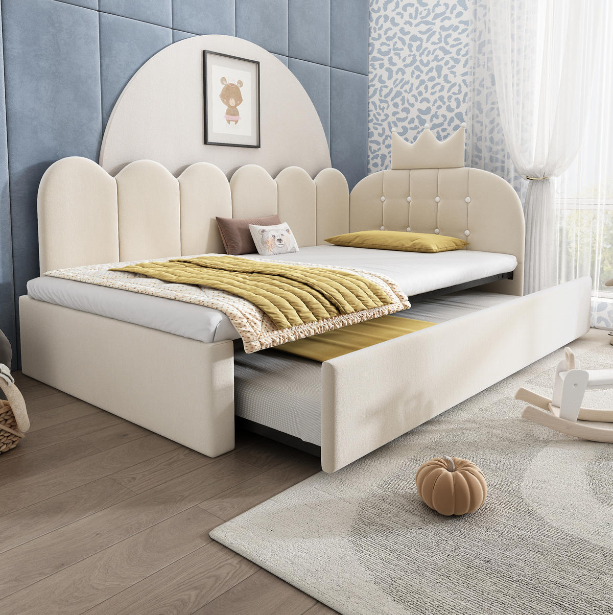DETSKÁ posteľ 90/200 cm béžová s výsuvným lôžkom v tvare L zo zamatu - béžová, textil (90/200cm) - OKWISH