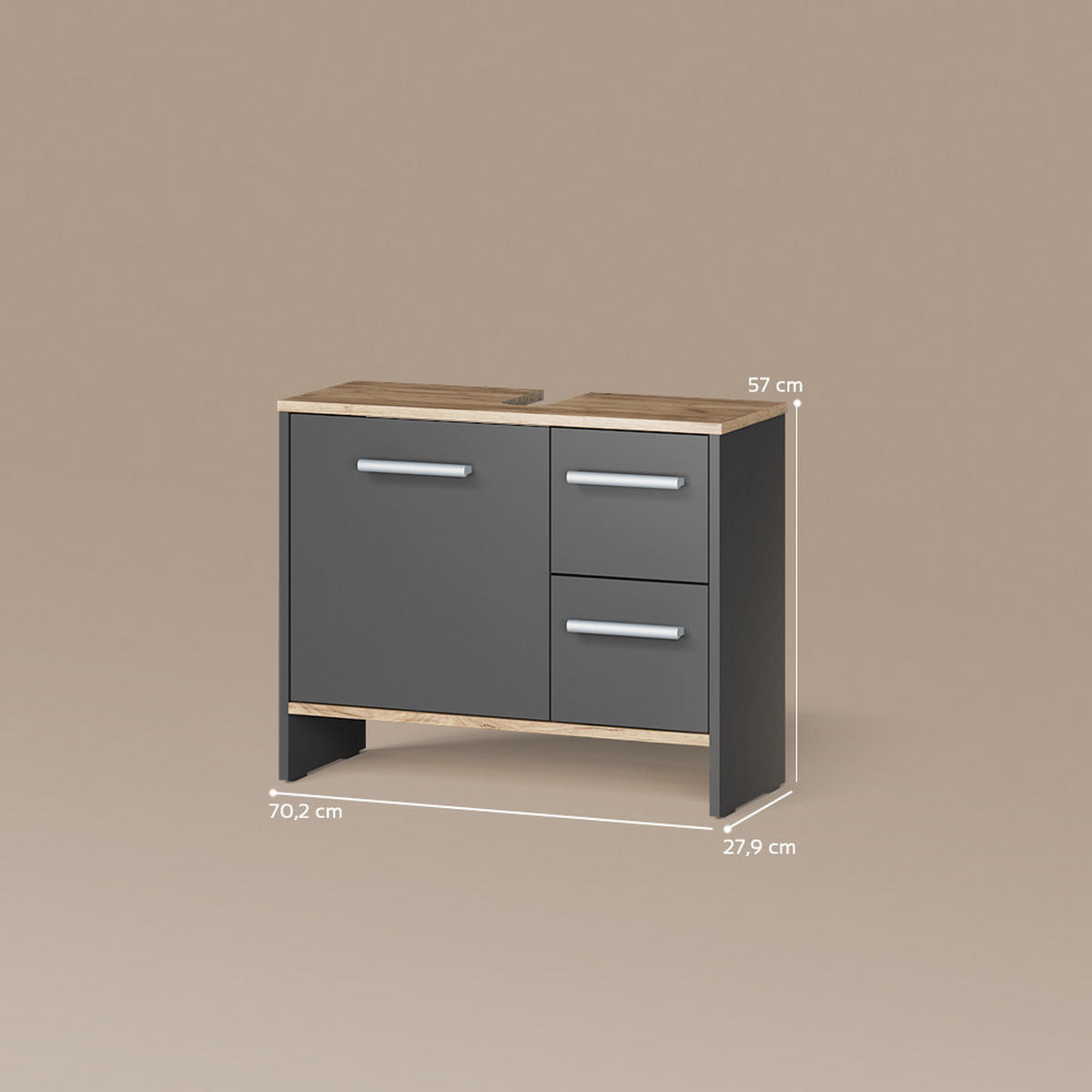 WASCHBECKENUNTERSCHRANK Amalfi Anthrazit/Goldkraft Eiche 70.2 x 57 cm mit 2 Schubladen und 1 Tür - Honigeiche/Anthrazit, Holzwerkstoff (70.2/57/27.9cm) - Livinity®