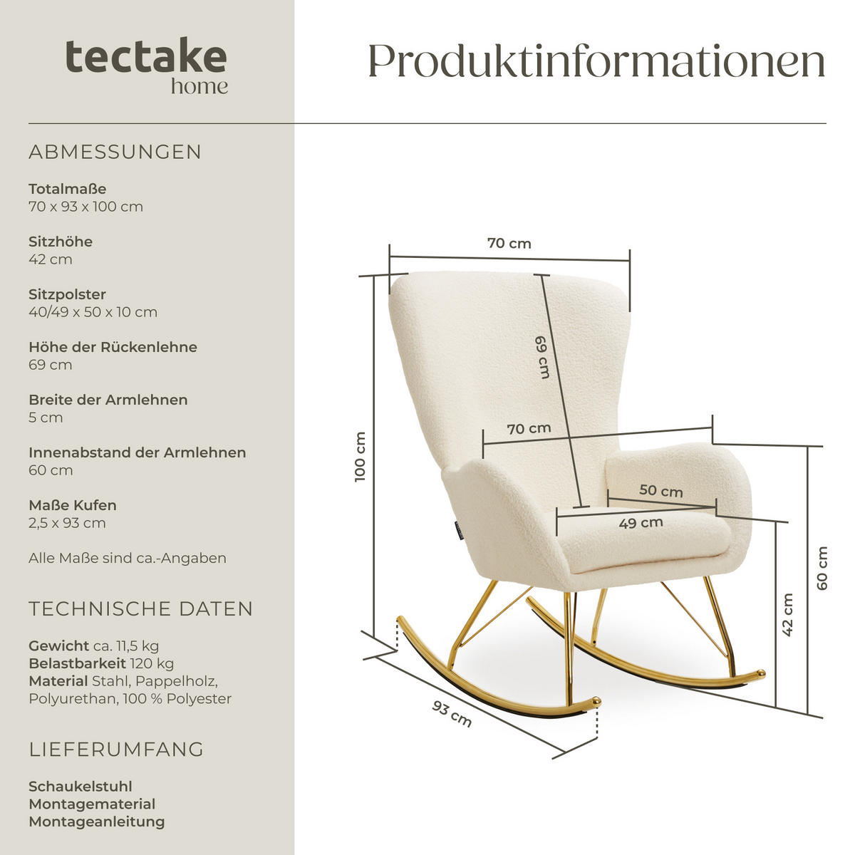 SCHAUKELSTUHL Swing,70 x 93 x 100 cm, Belastbarkeit 120 kg,creme/gold - Goldfarben/Creme, Kunststoff (70/100/93cm) - tectake