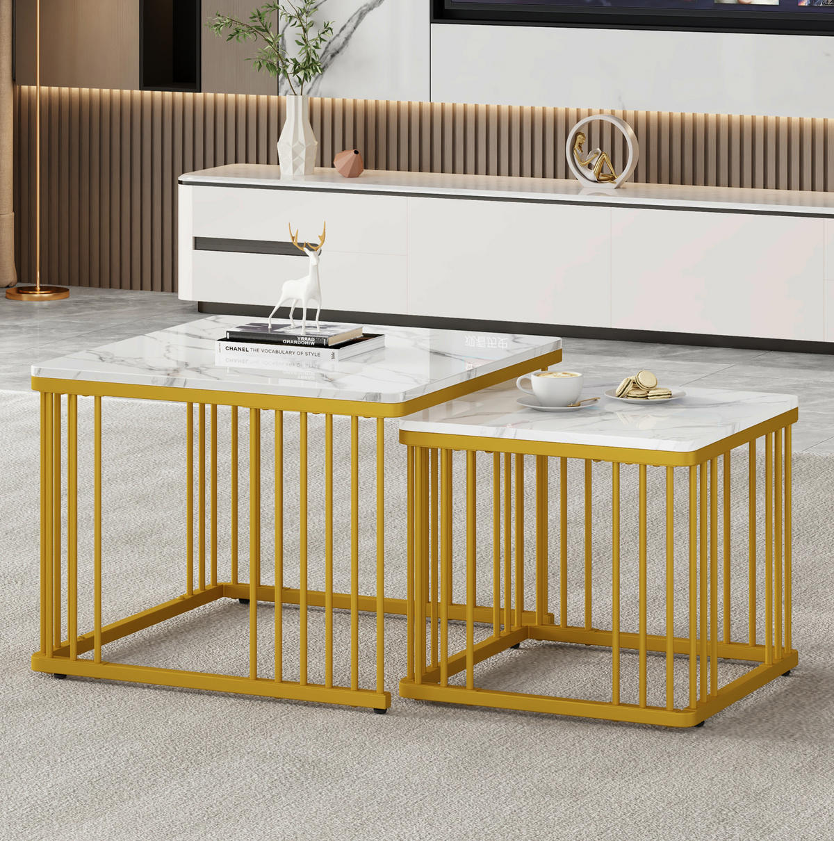 KONFERENČNÍ stolky 60/60/45 cm bílé z MDF v mramorovém vzhledu zasouvací 2 ks - bílá, kompozitní dřevo (60/60/45cm) - OKWISH