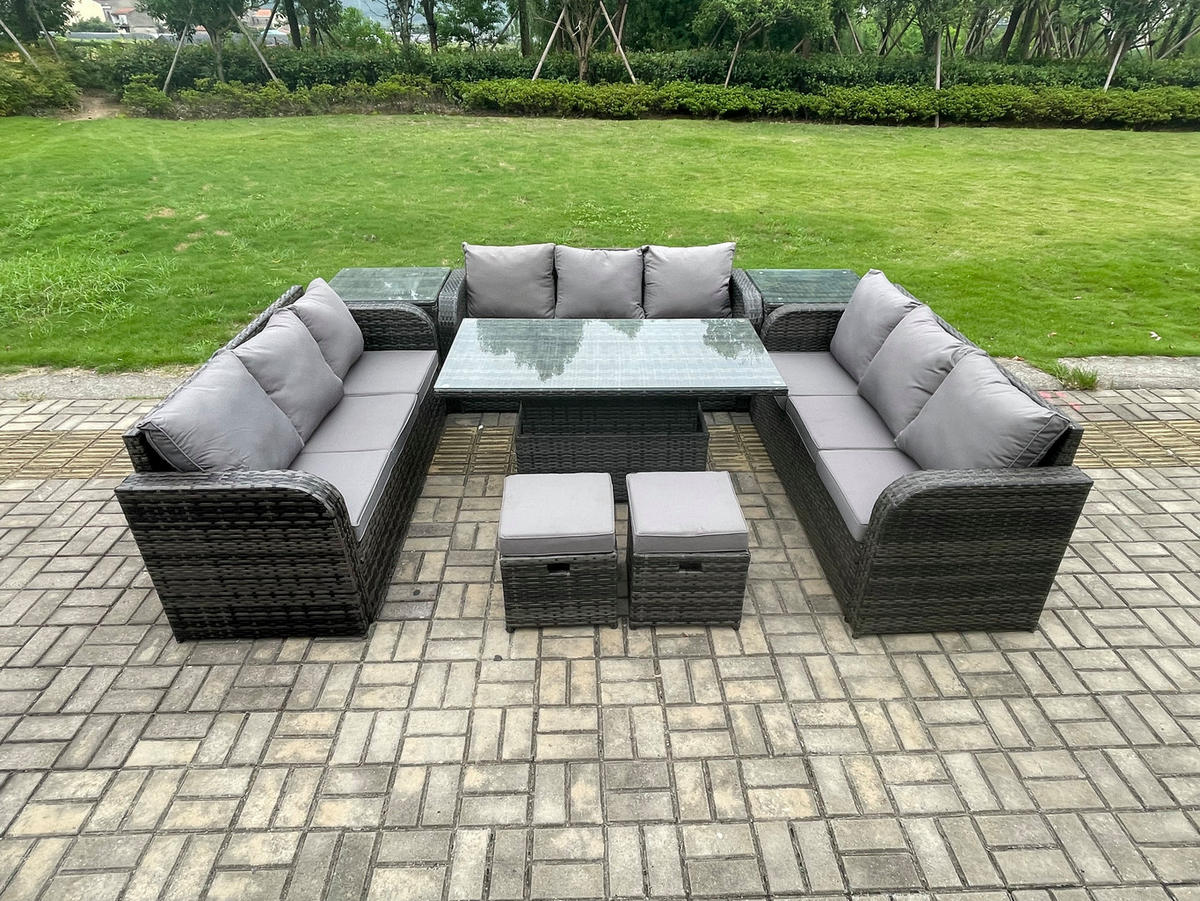 GARTENTISCHGRUPPE Polyrattan 11-Sitzer - Dunkelgrau/Grau, Glas/Kunststoff - Fimous