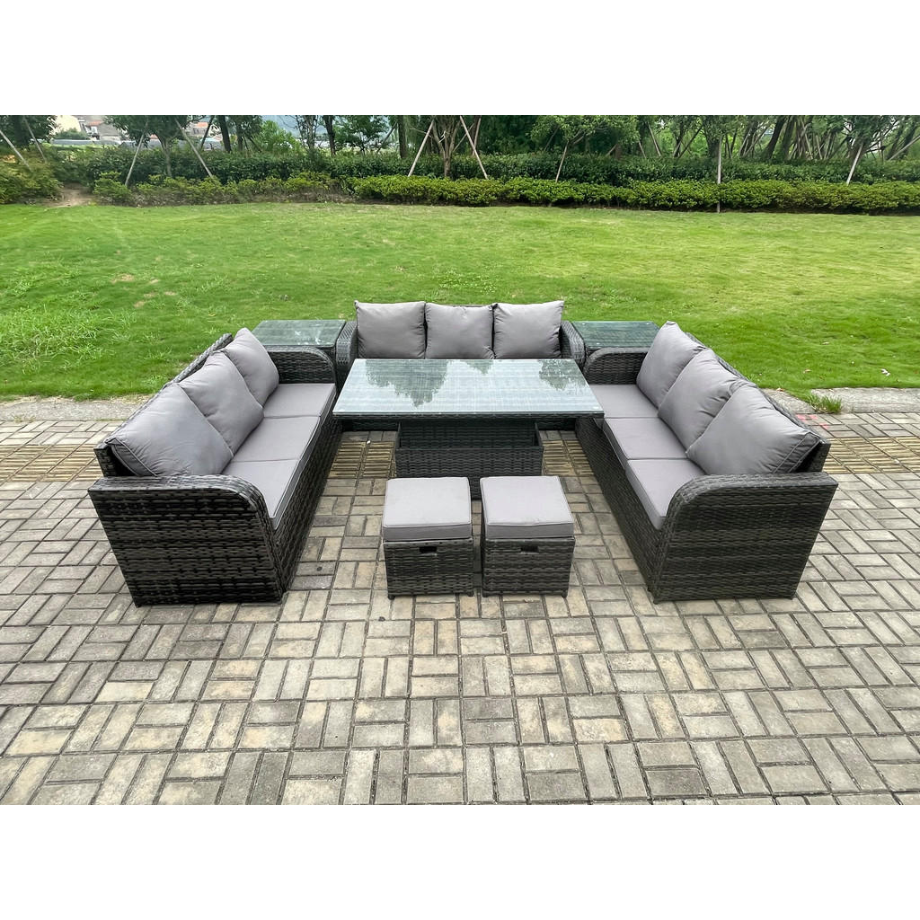 Thumbnail - Fimous Gartentischgruppe, Dunkelgrau, Metall, Kunststoff, Glas, 11-Sitzer, Füllung: Schaumstoff, rechteckig, Loungemöbel...