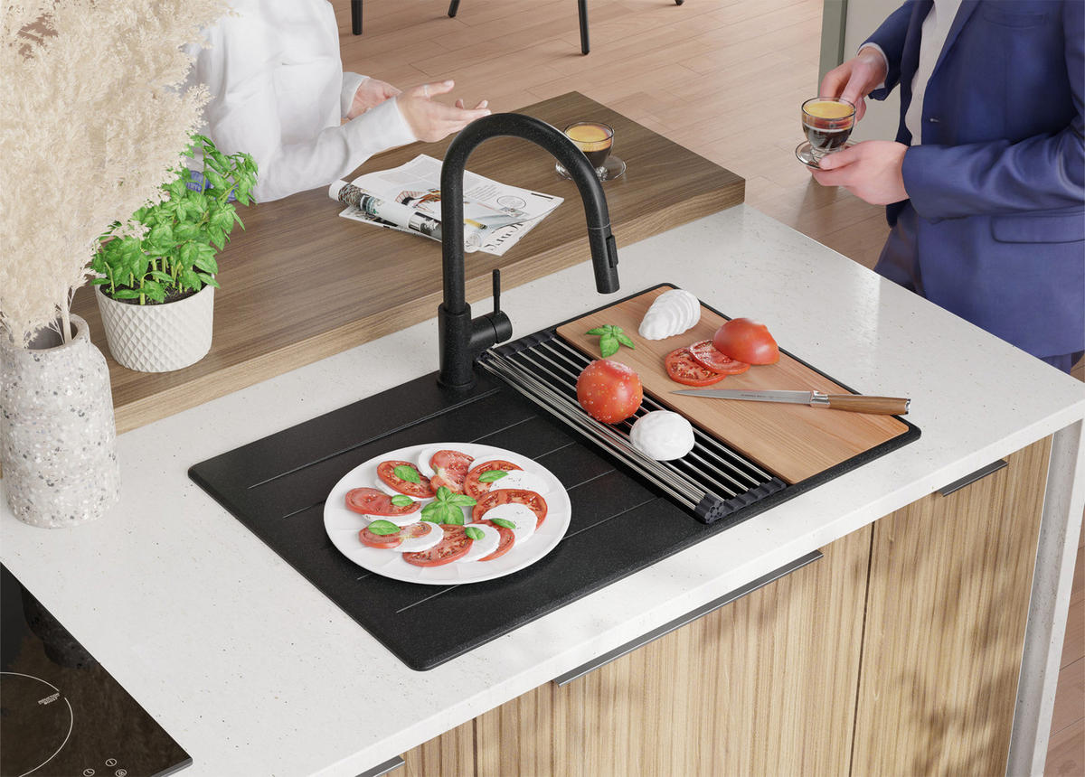 SPÜLBECKEN Kopenhagen, 2-er set Anthrazit 78/50 cm 1 Becken + Ablauf-Set + Schneidebrett ab 45er Unterschrank - Chromfarben/Anthrazit, Kunststoff (78/20/50cm) - Primagran