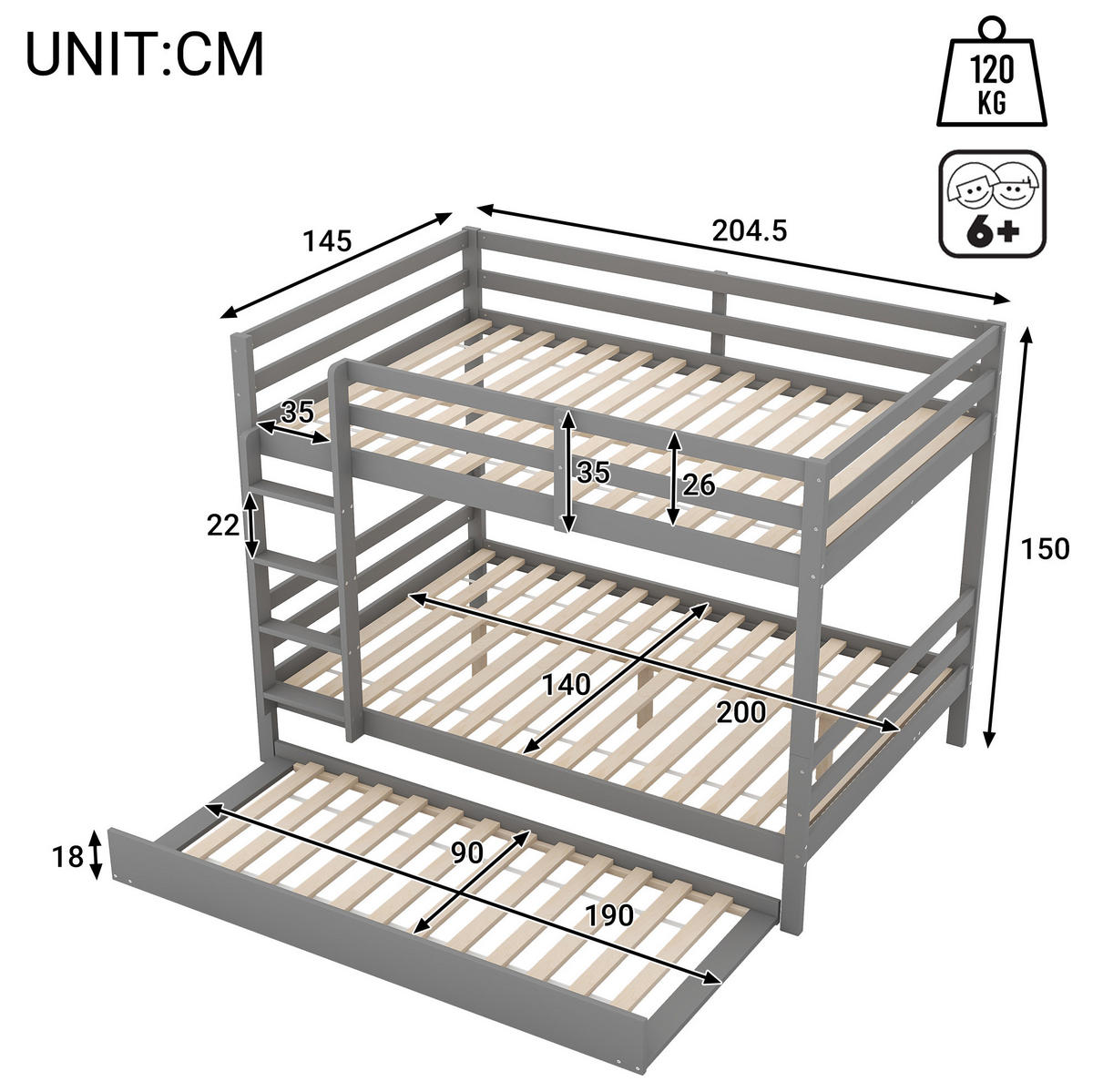 ETAGENBETT 140/200 cm mit Ausziehbett, hoher Absturzsicherung und Treppe aus Kiefern , Grau - Grau, Holzwerkstoff (140/200cm) - Redom