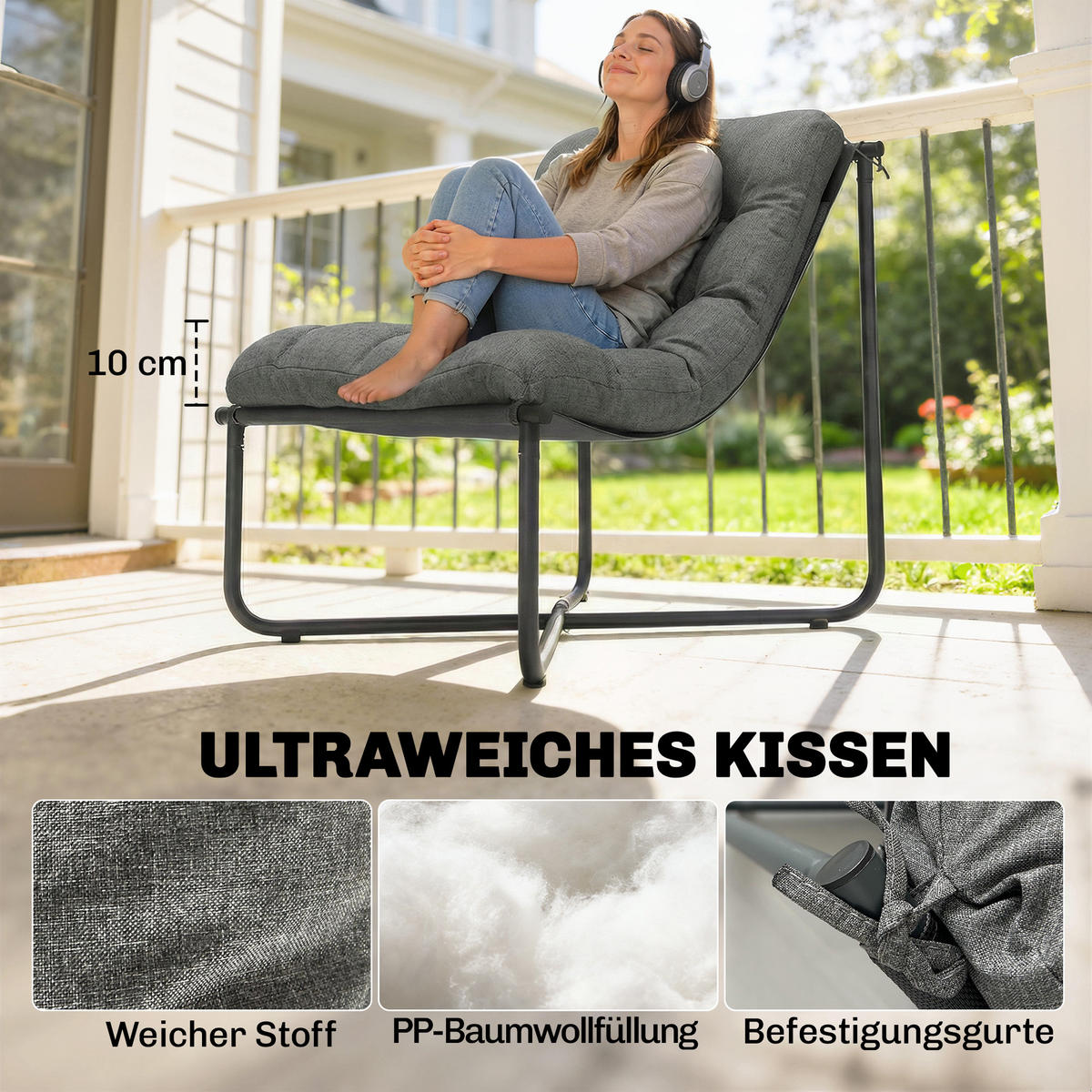 GARTENSTUHL DE-08359 ergonomisch mit breitem Sitz Dunkelgrau - Dunkelgrau, Metall (76/76/92cm) - ComfortXL