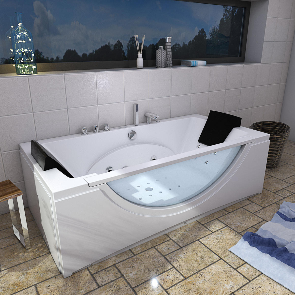 WHIRLPOOL Pool Badewanne Wanne W81H-TH-B-SC 180x90cm - Weiß, Glas/Kunststoff (90/55/180cm) - AcquaVapore by Sandra Jentho