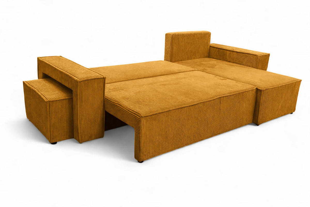 ECKSOFA Mit Schlaffunktion Und Pouf, Cordstoff Poso, Senffarbe, Rechts, Best L Mit Pouf - Gelb, Holz (244/145cm) - Kaiser Möbel