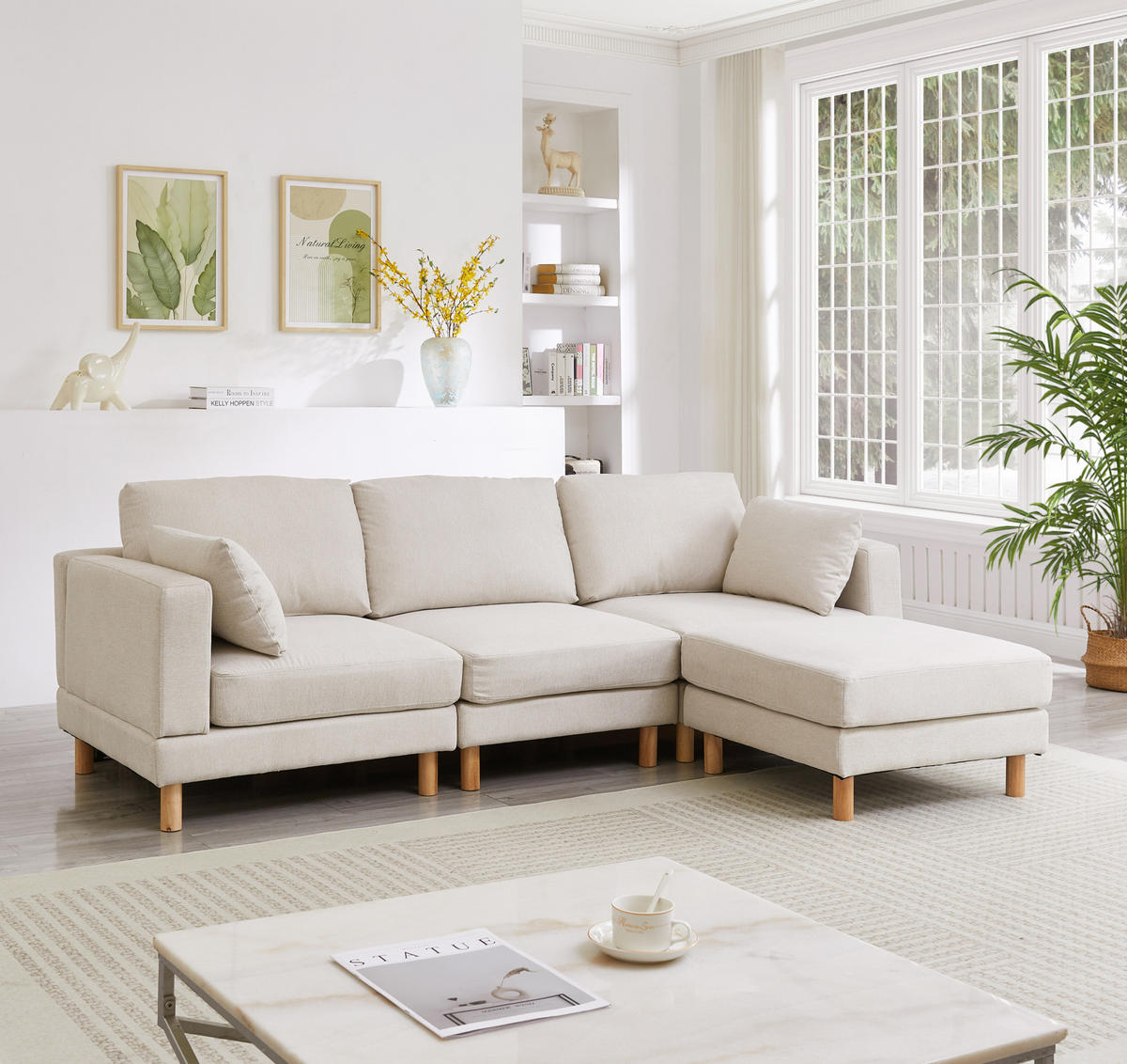 ECKSOFA 235/152/78 cm beige aus Polyester mit Hocker - Beige, Kunststoff (152/235cm) - OKWISH