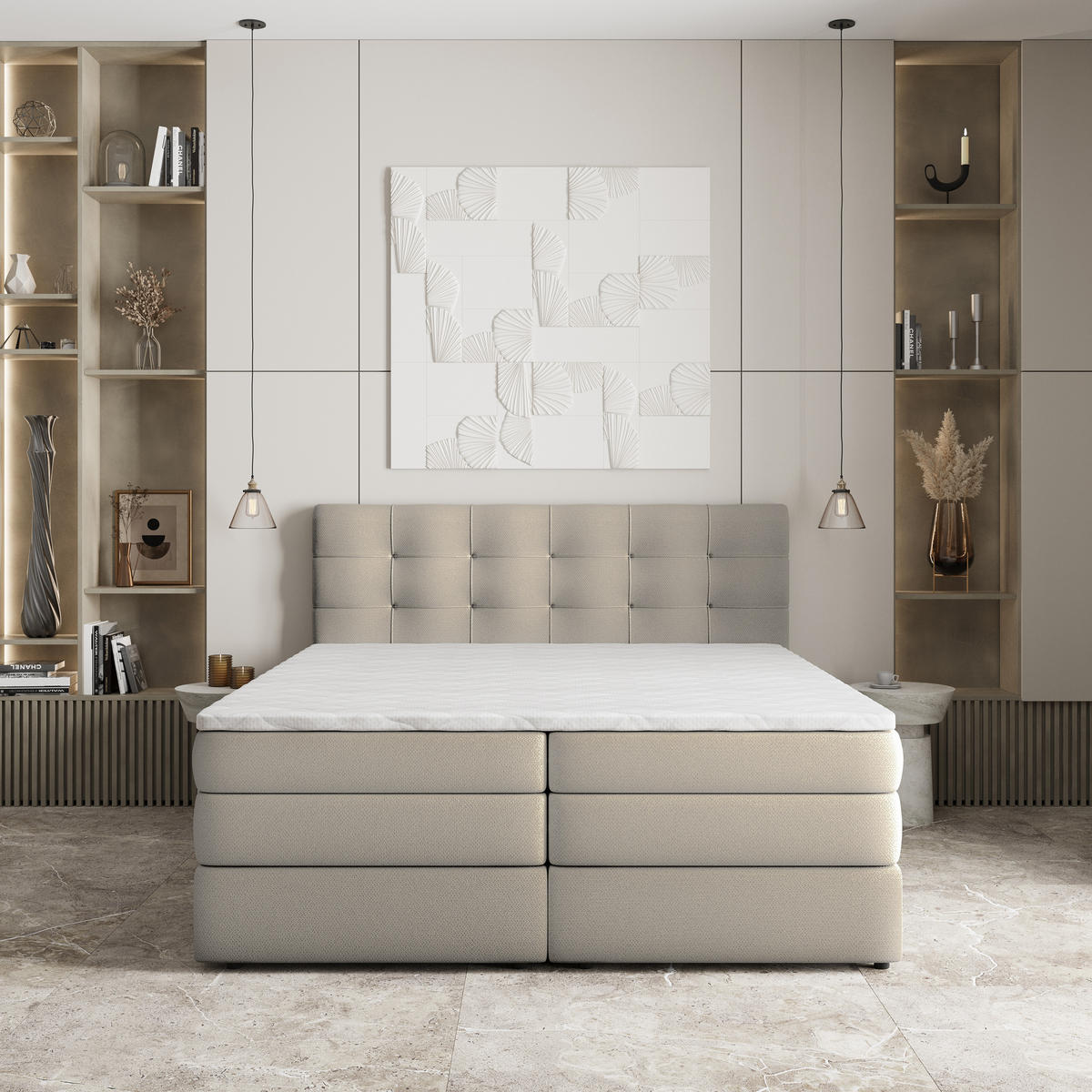 BOXSPRINGBETT AREZI 180x200 cm mit Matratze und Topper - Beige - Beige, Holz (180/200cm) - MASSENO