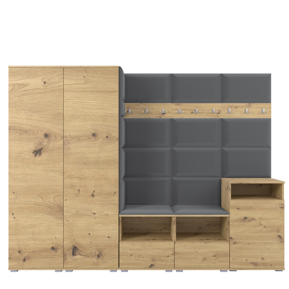 GARDEROBE NELA VIII 250 cm (Modulare Flurmöbel Artisan Eiche mit Sitzpolster Dunkelgrau 15 2 Schränke + Sideboard) - Dunkelgrau/Silberfarben, Holz/Holzwerkstoff (250/187/40cm) - Ravio